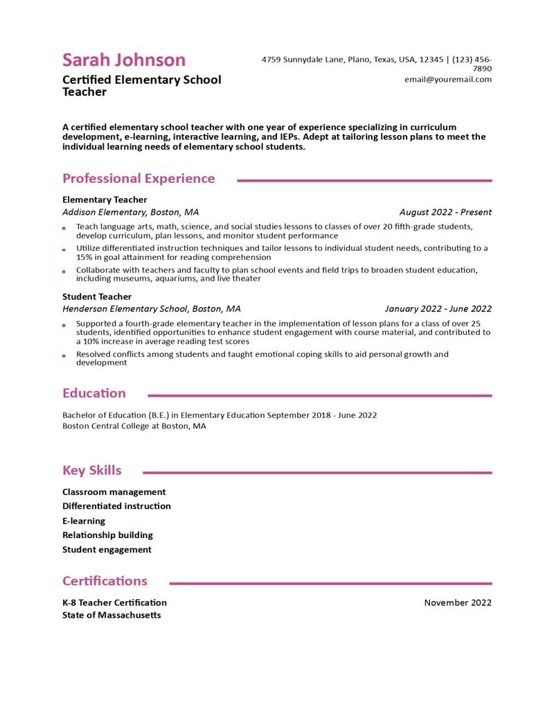 Elementary Teacher Resume Examples and Templates for 2024