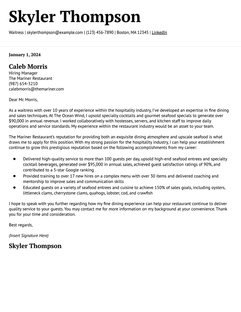 Waiter/Waitress Cover Letter Examples and Templates for 2024