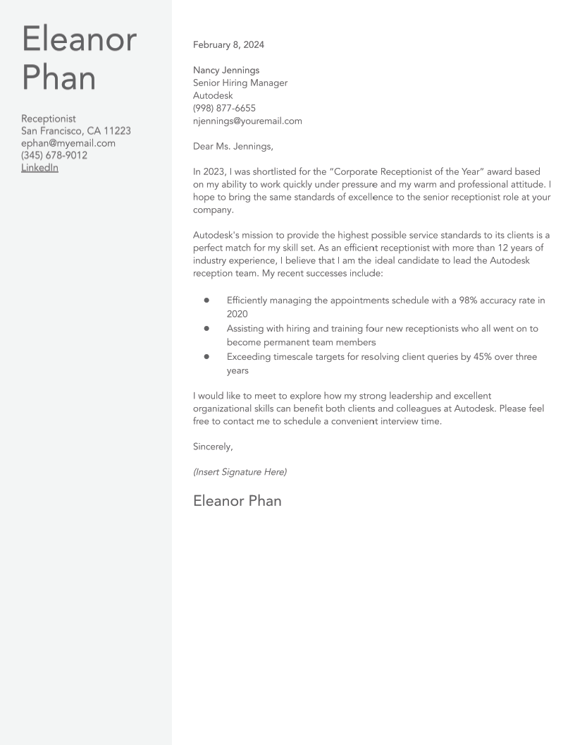 Receptionist Cover Letter Examples and Templates for 2024