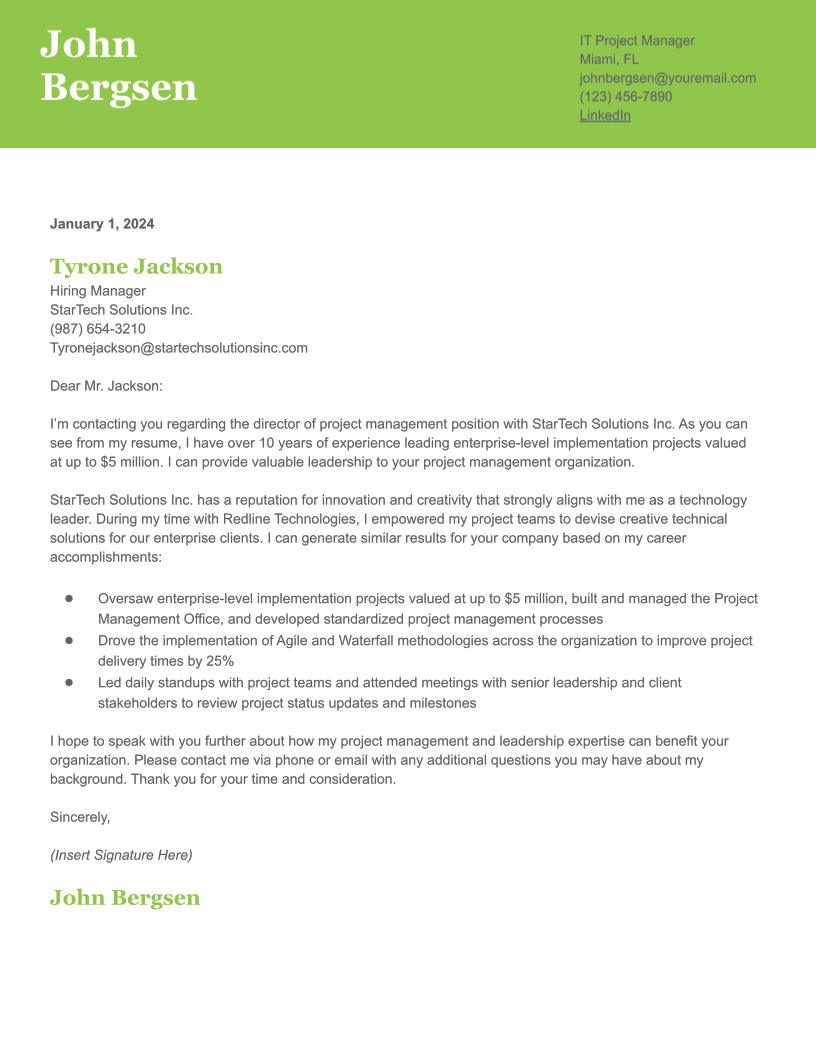 Project Manager Cover Letter Examples and Templates for 2024