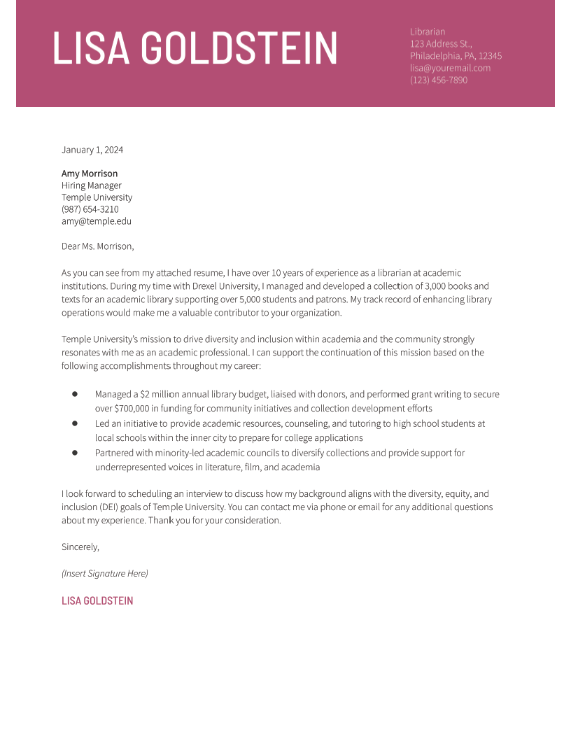 Librarian Cover Letter Examples and Templates for 2024