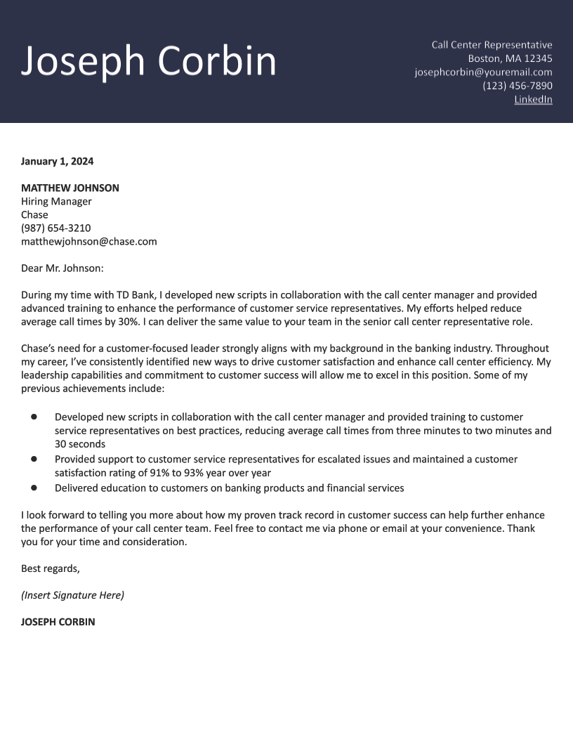 Call Center Representative Cover Letter Examples and Templates for 2024