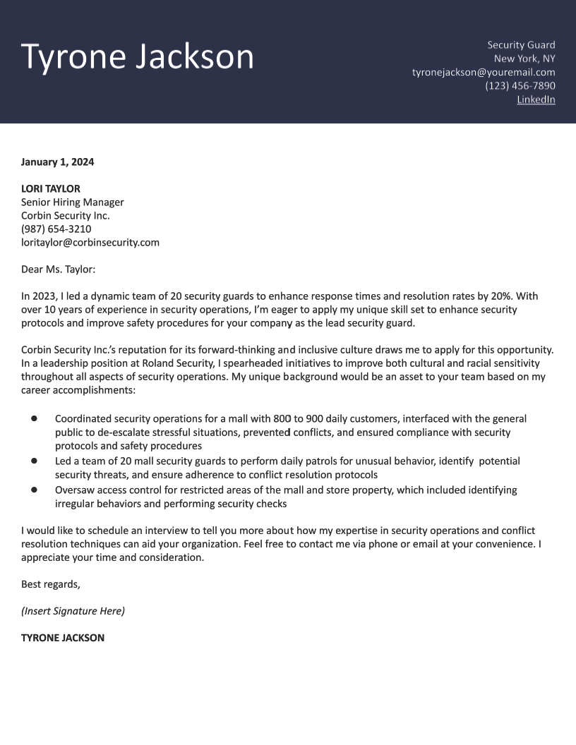 Security Guard Cover Letter Examples and Templates for 2024