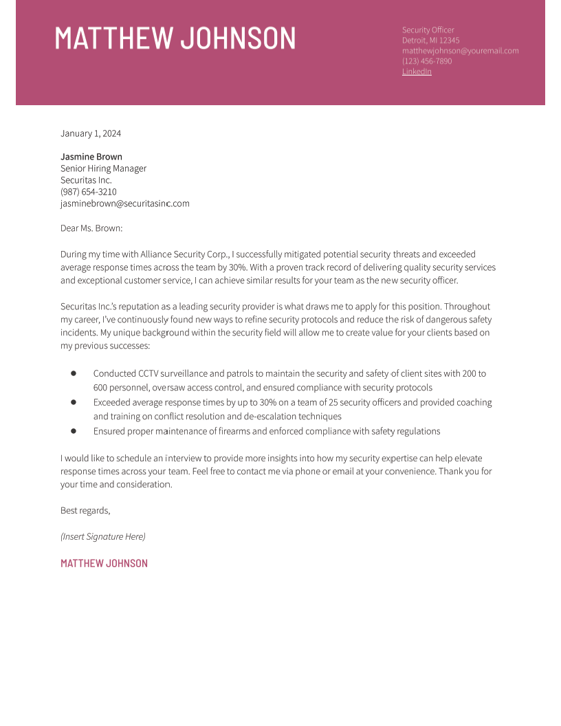 Security Officer Cover Letter Examples and Templates for 2024