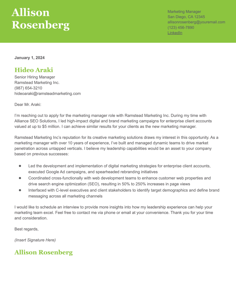Marketing Manager Cover Letter Examples and Templates for 2024