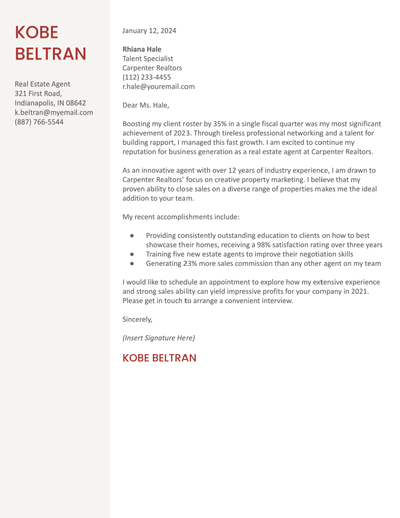 Real Estate Agent Cover Letter Examples and Templates for 2024