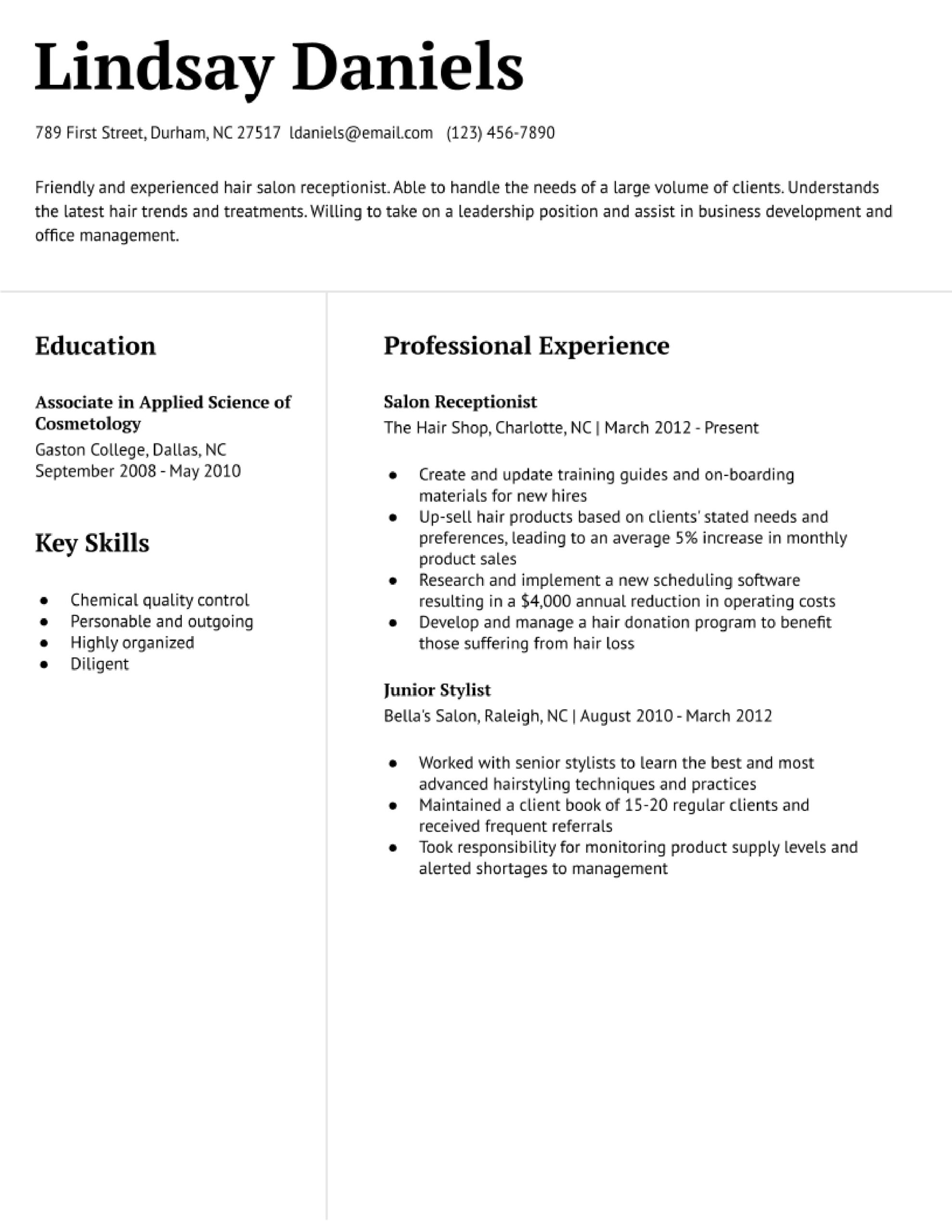 Hair Salon Receptionist Resume Examples and Templates for 2024