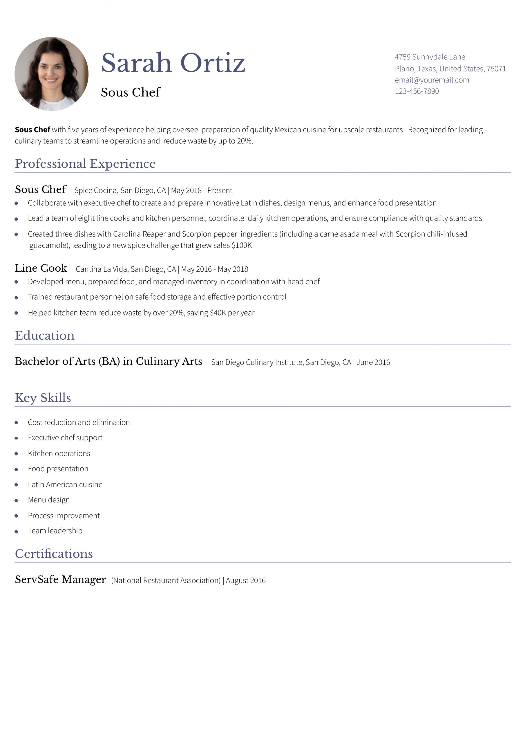 Sous Chef Resume Examples and Templates for 2024