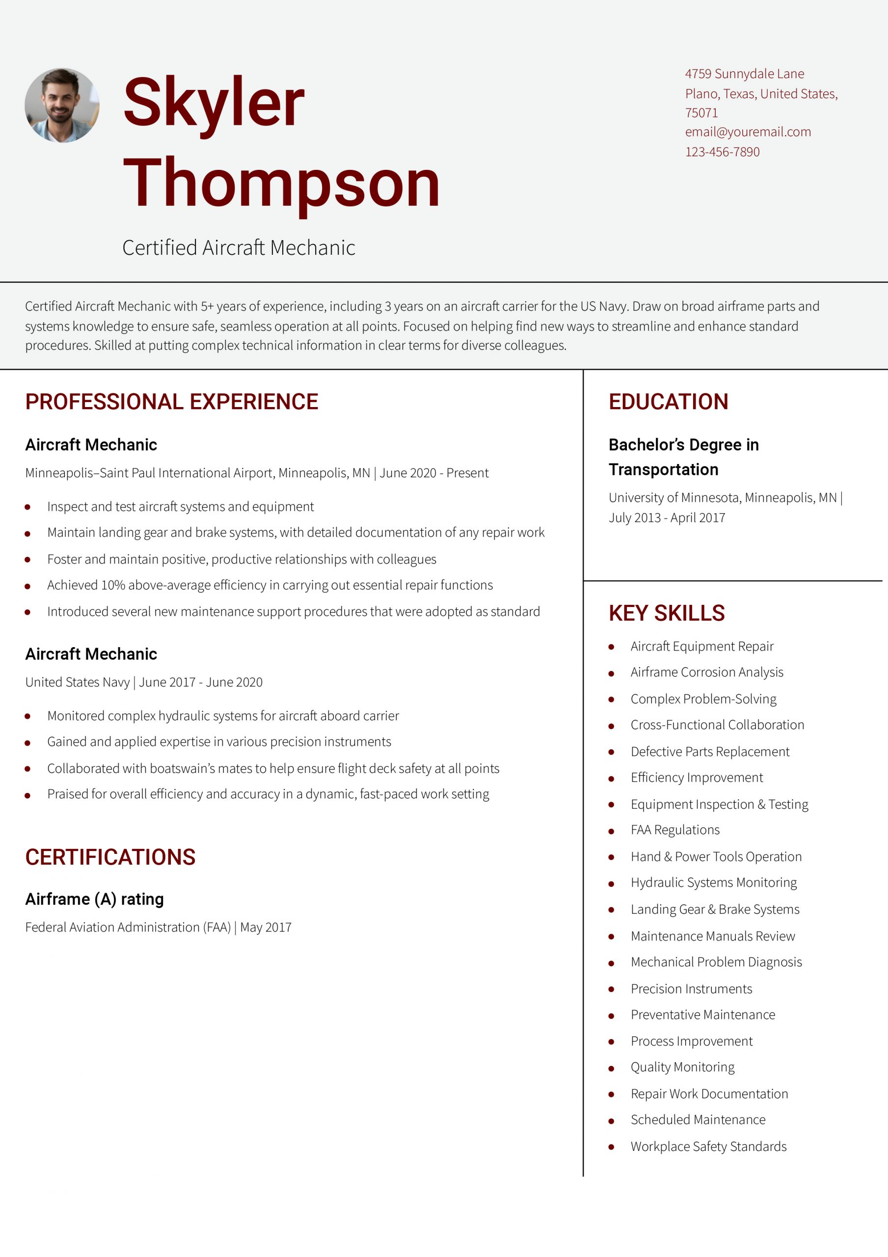 Aircraft Mechanic Resume Examples and Templates for 2024