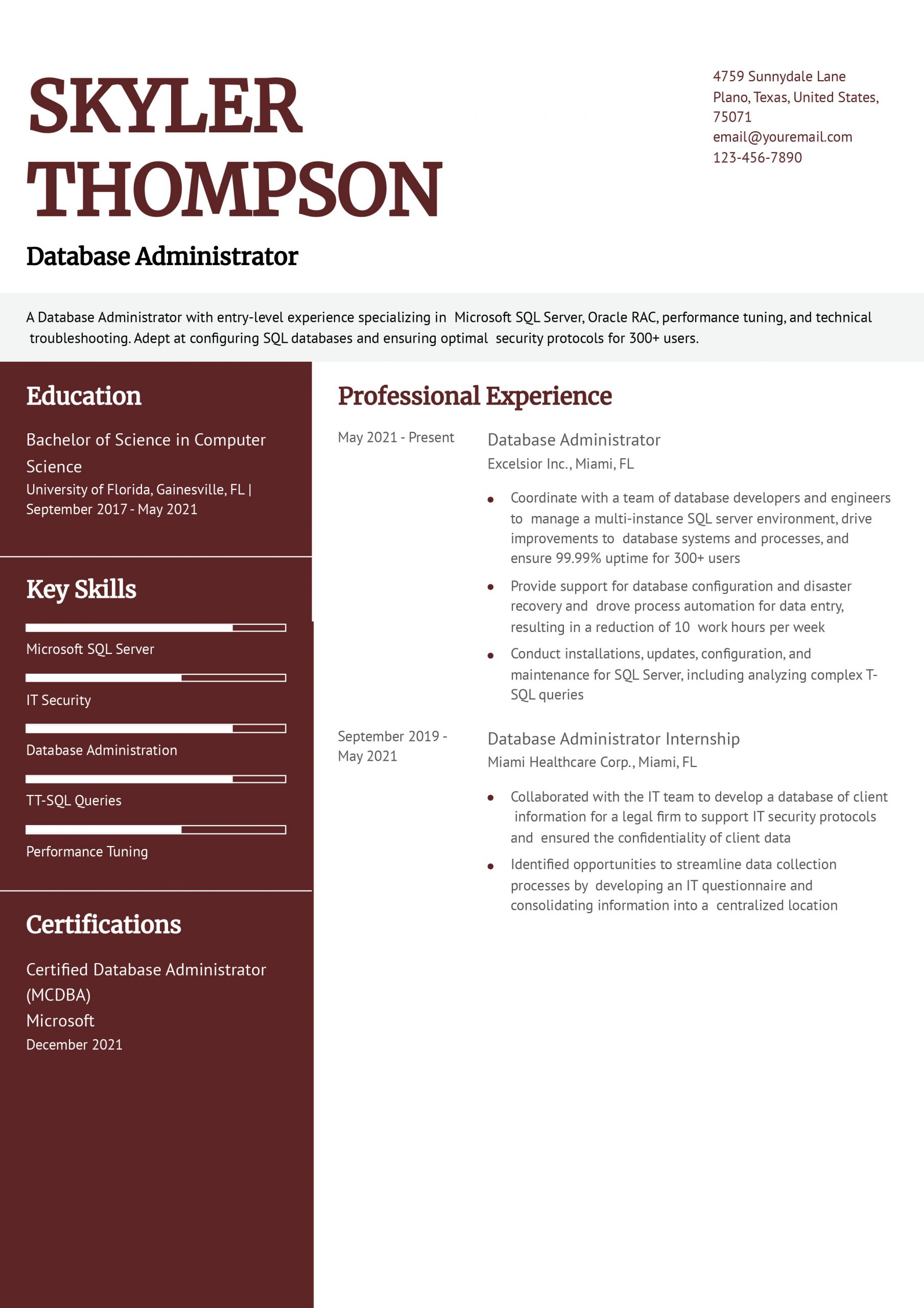 Entry-Level Database Administrator Resume Examples and Templates for 2024