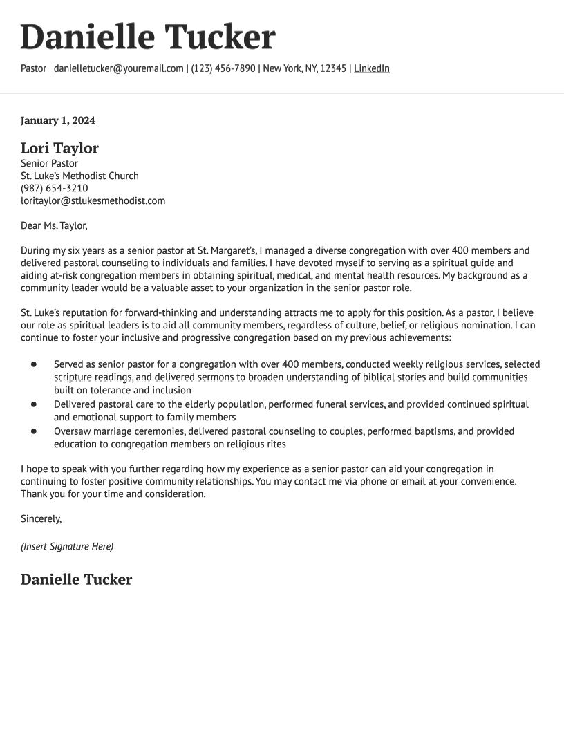 Pastor Cover Letter Examples and Templates for 2024