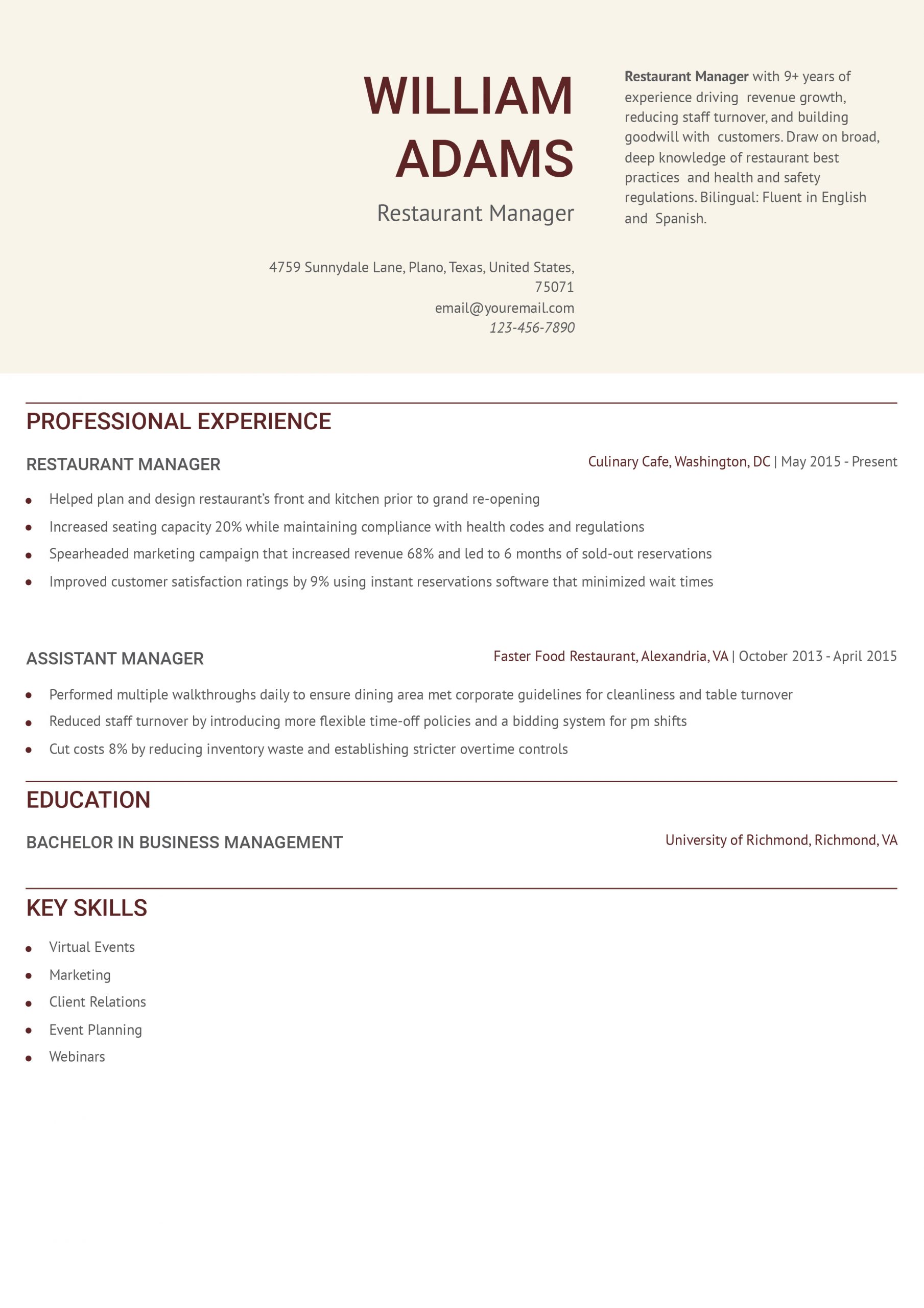 Restaurant Manager Resume Examples and Templates for 2024