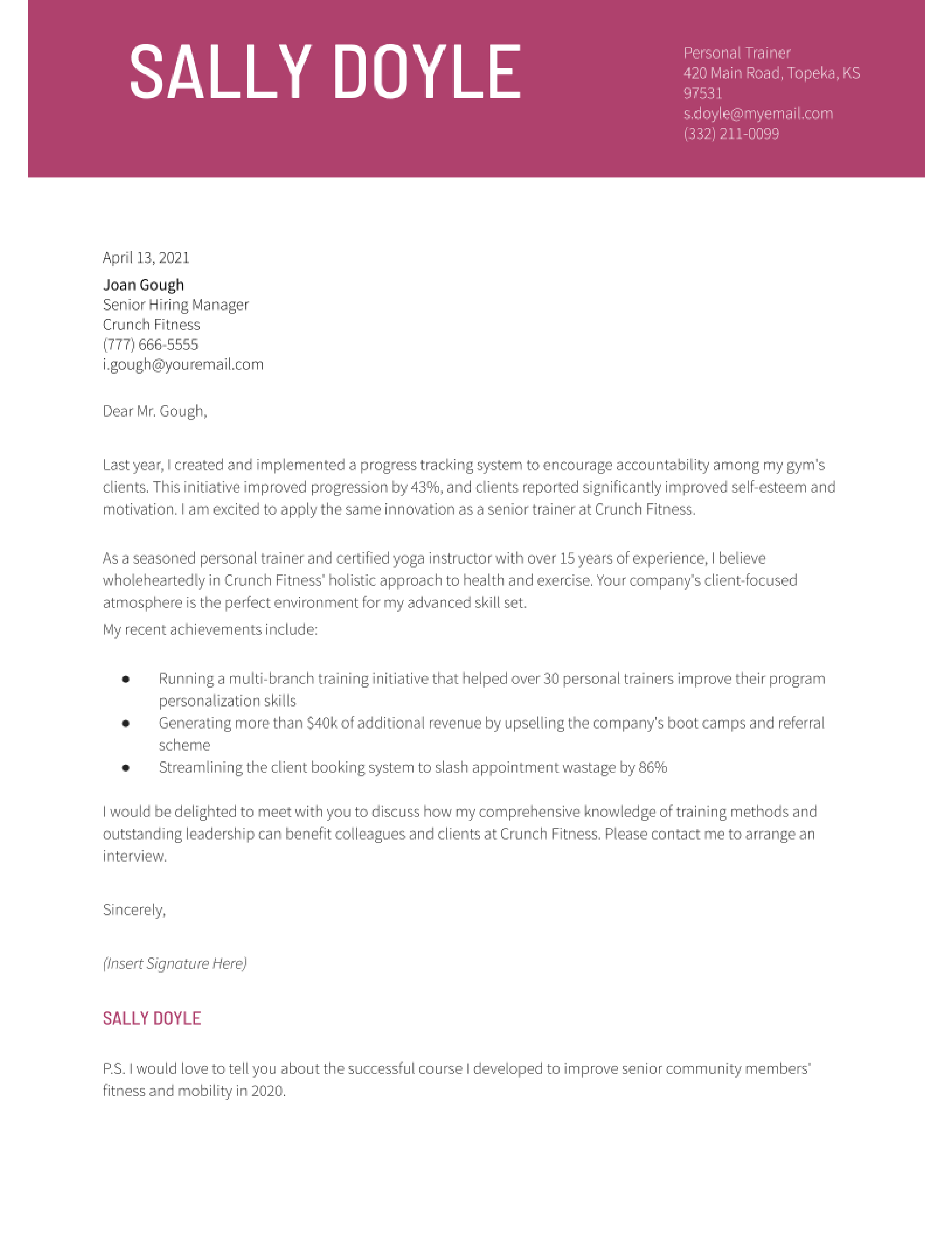 Personal Trainer Cover Letter Examples and Templates for 2024