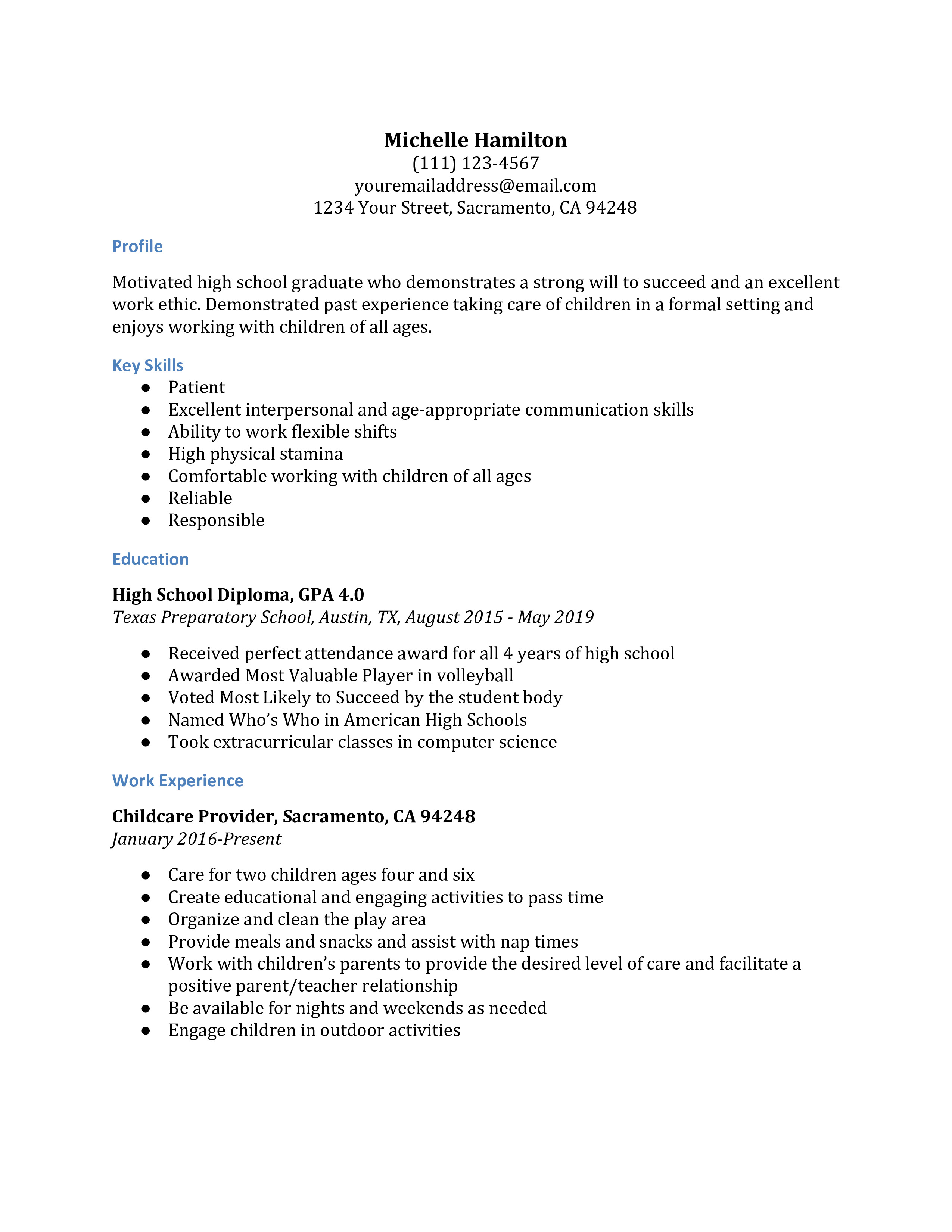 Basic resume examples for highschool students