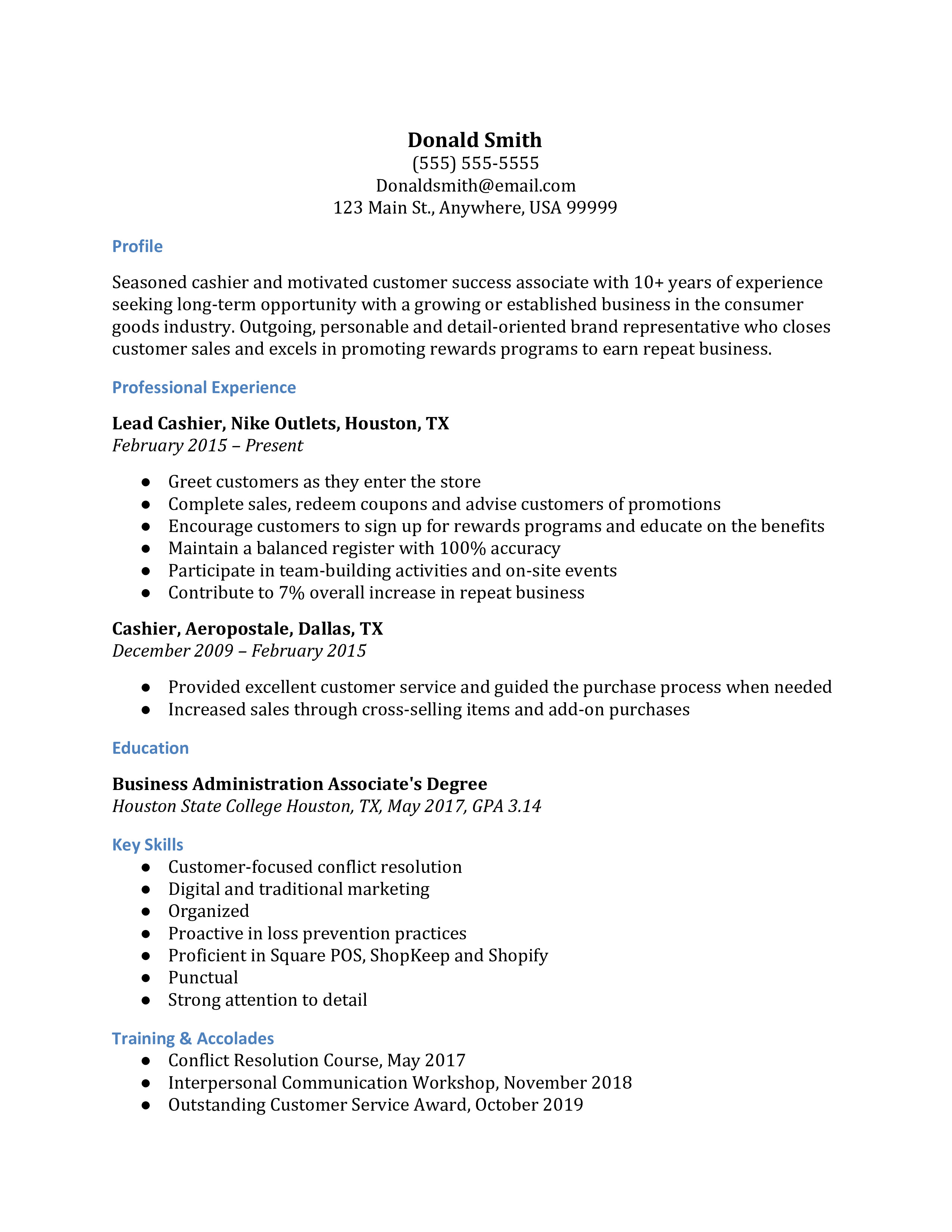 Cashier Resume Examples Resumebuilder Com