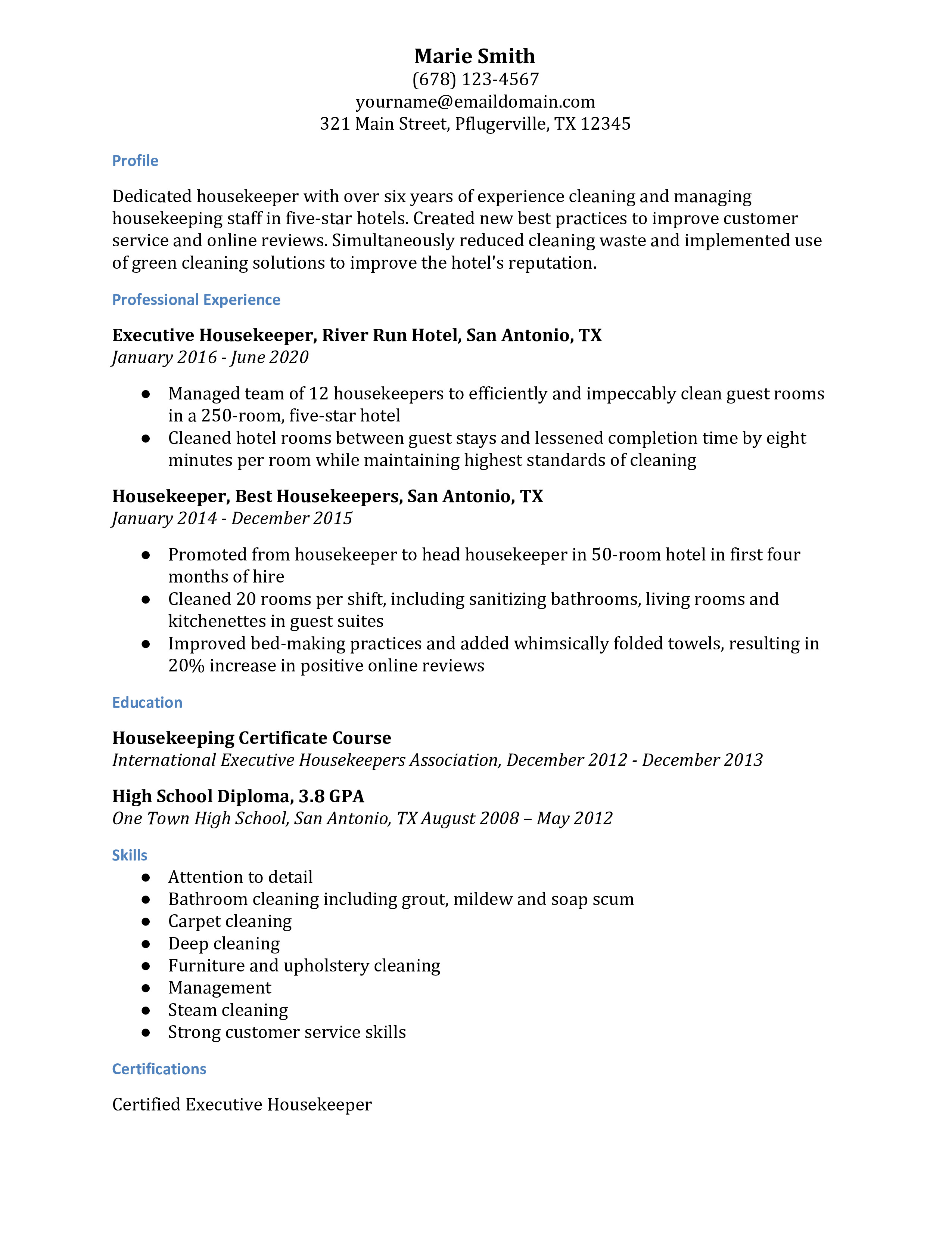 Housekeeping Resume Examples Resumebuilder Com