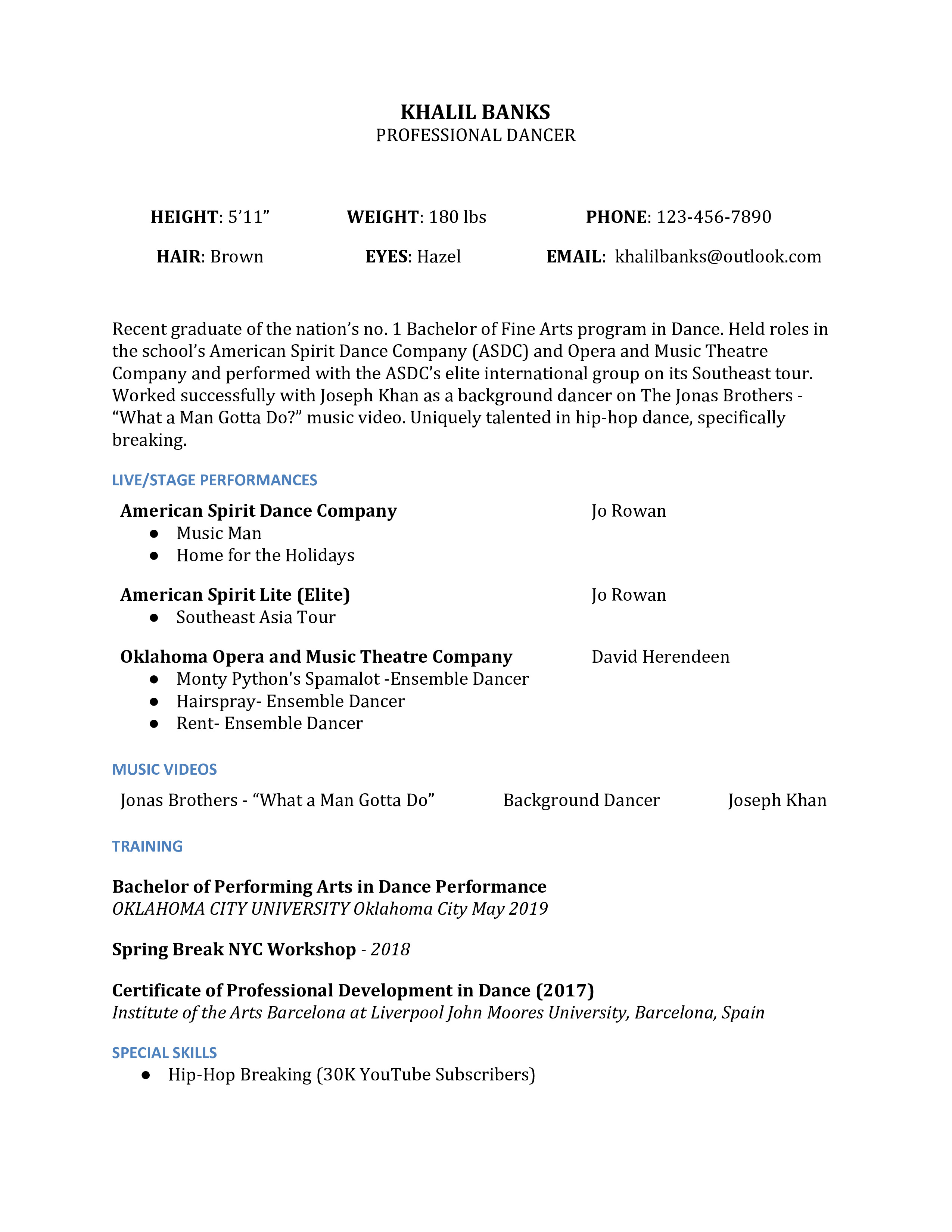 Dance resume examples for auditions