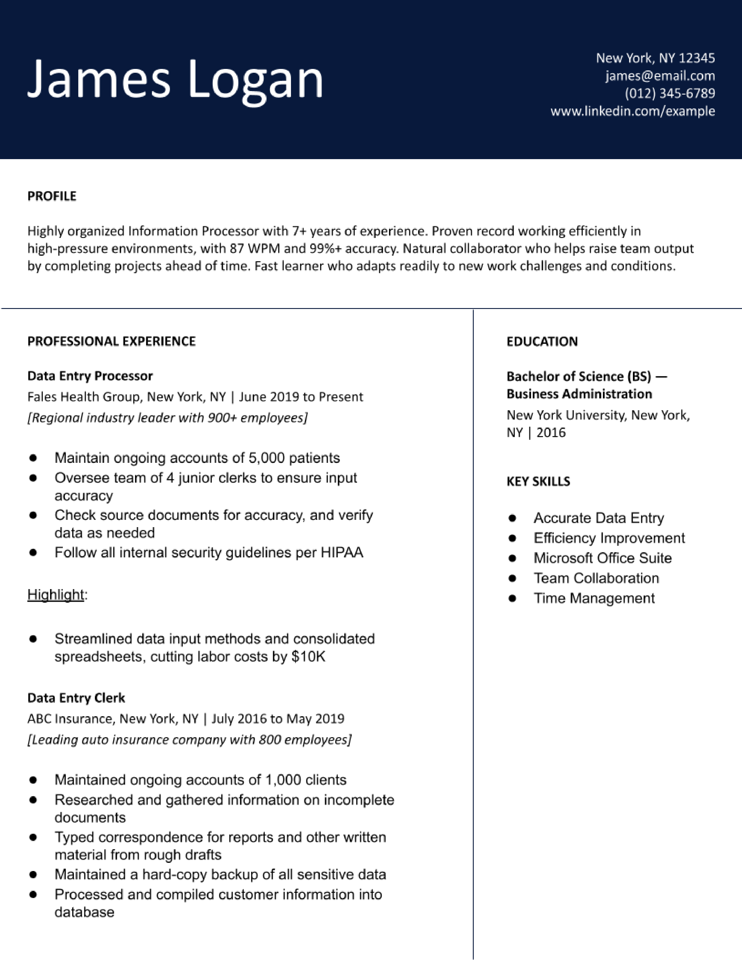 Data Entry Resume Examples and Templates for 2024 - ResumeBuilder.com
