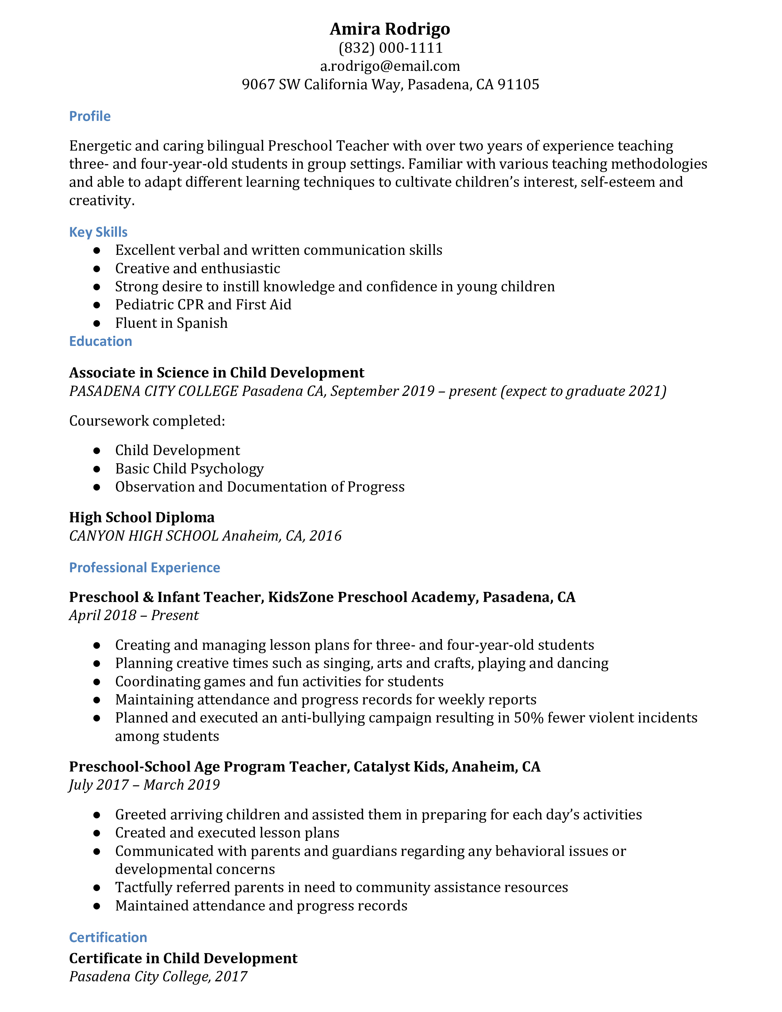 Preschool Teacher Resume Examples Of 22 Resumebuilder Com