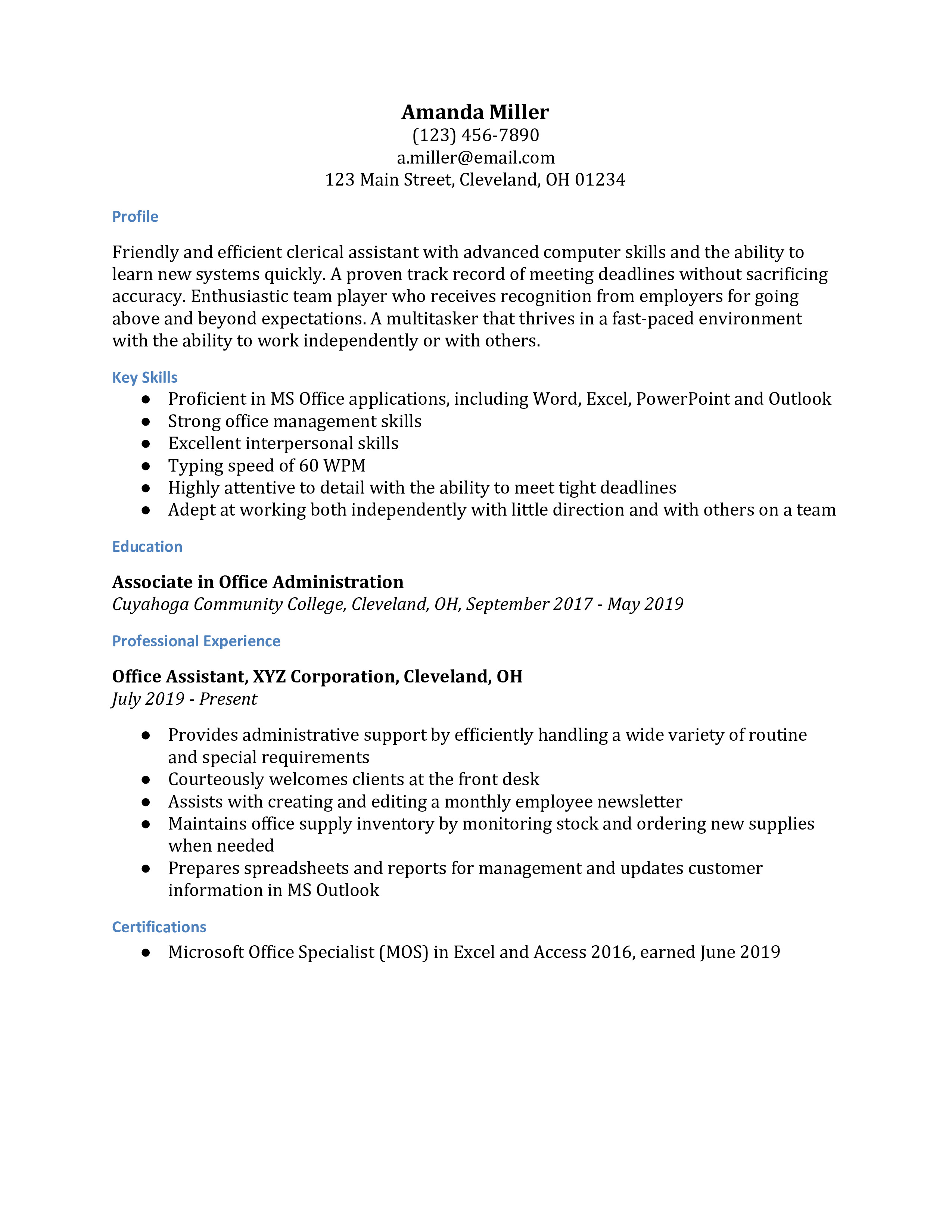 Clerical Resume Examples Resumebuilder Com
