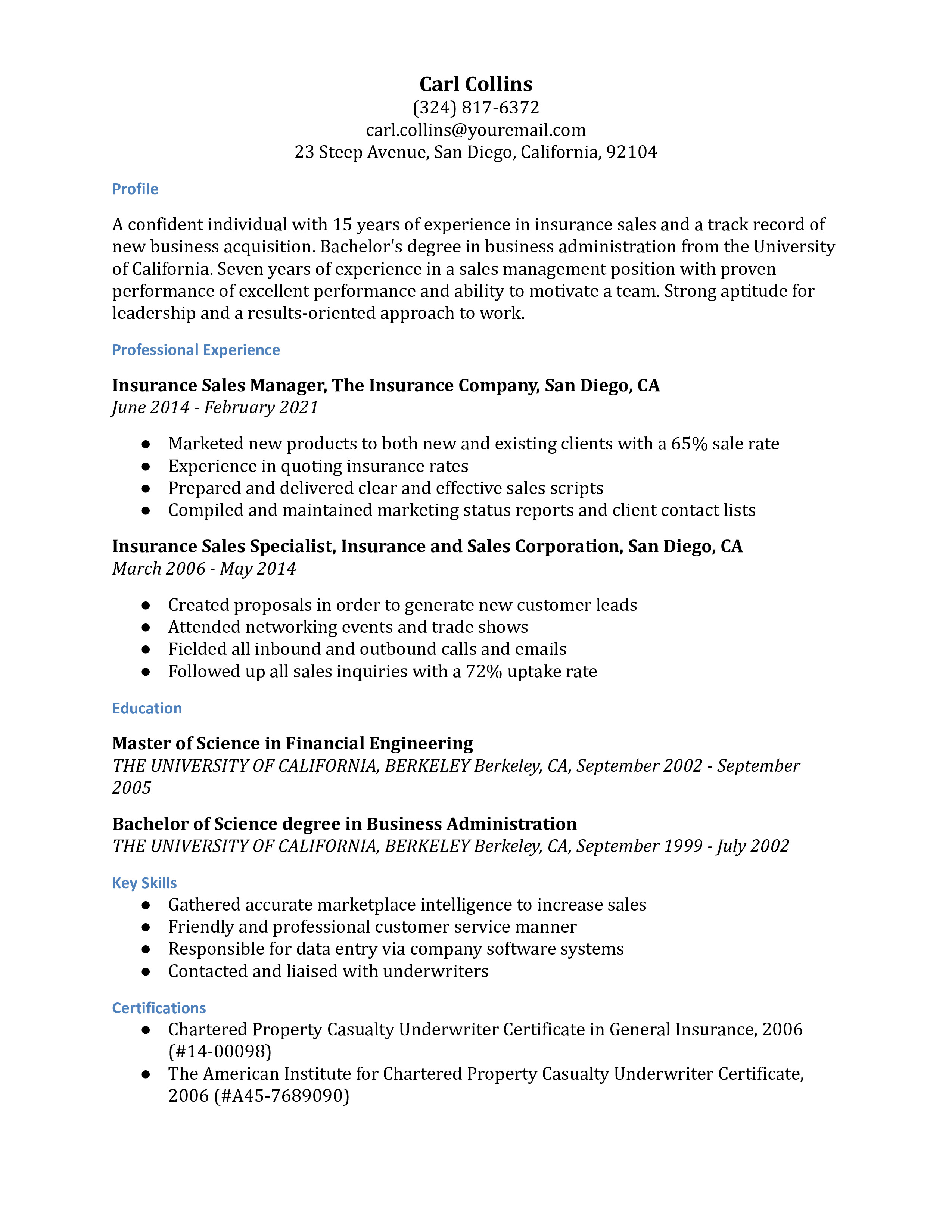 Insurance Sales Resume Examples Resumebuilder Com