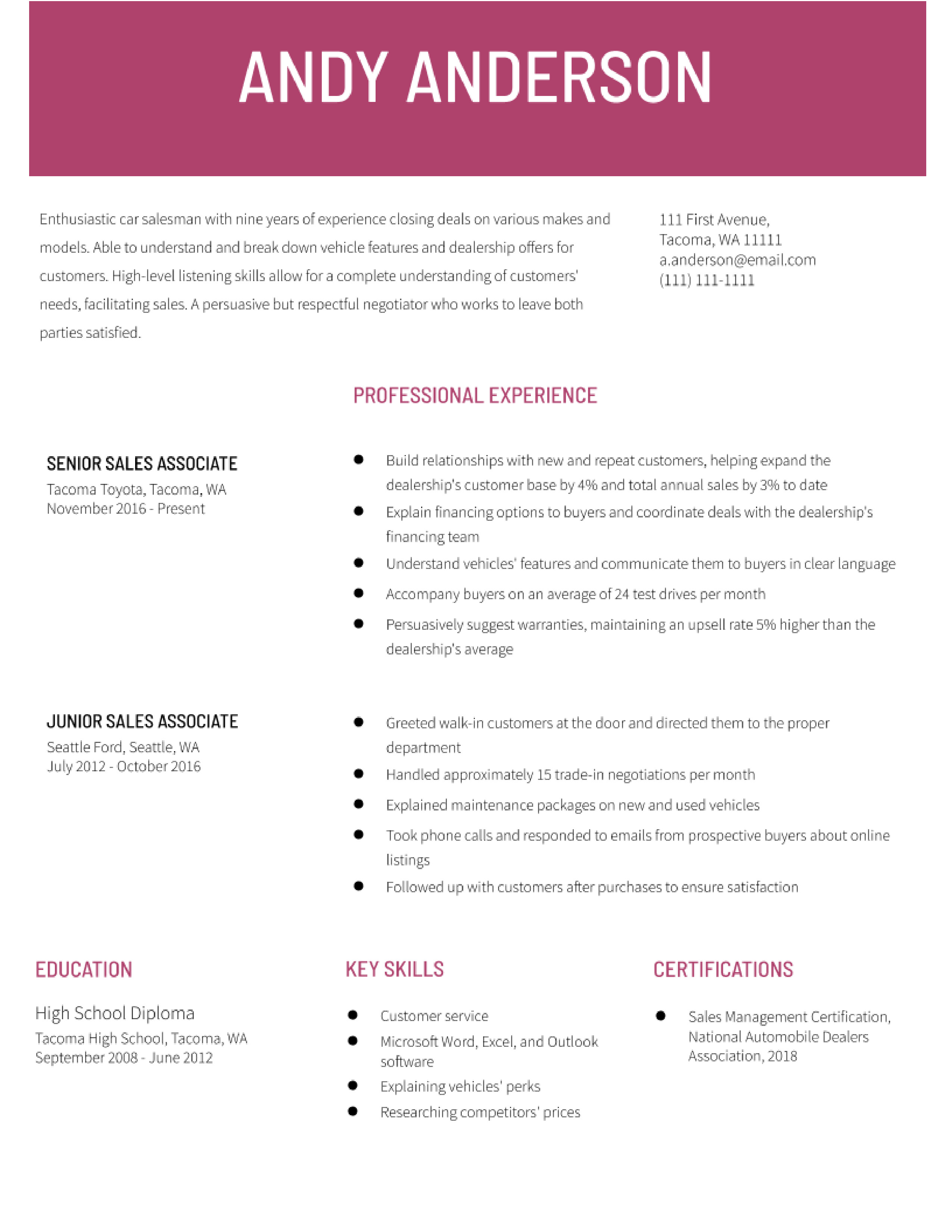 Car Salesman Resume Examples Resumebuilder Com