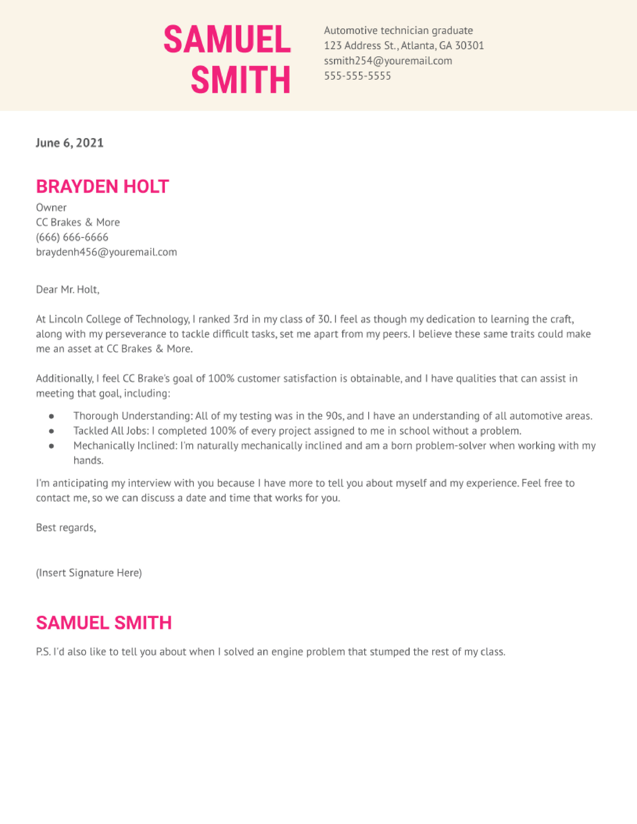 27 Automotive Technician Cover Letter