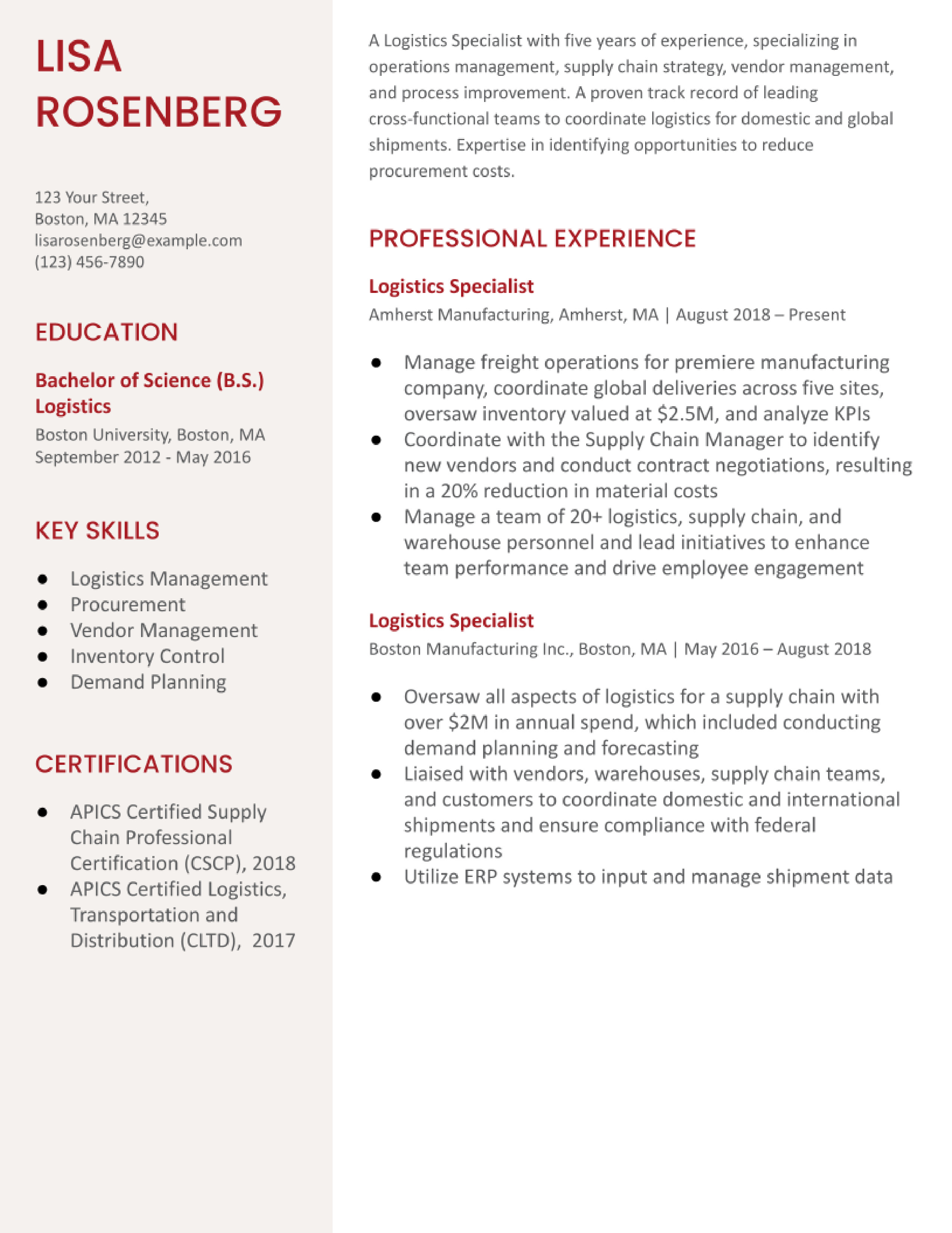 Logistics Specialist Resume Examples and Templates for 2024