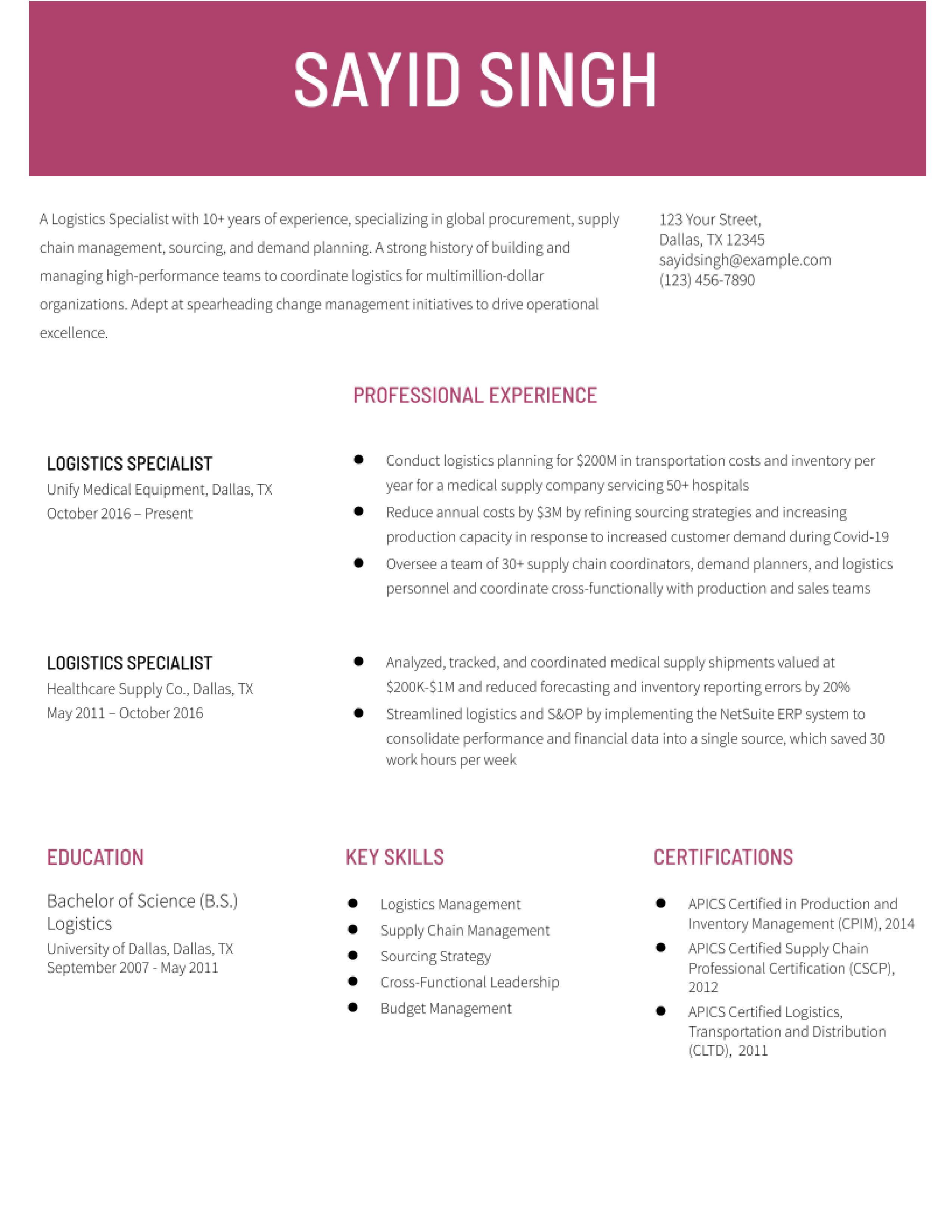 Logistics Specialist Resume Examples and Templates for 2023 -  ResumeBuilder.com