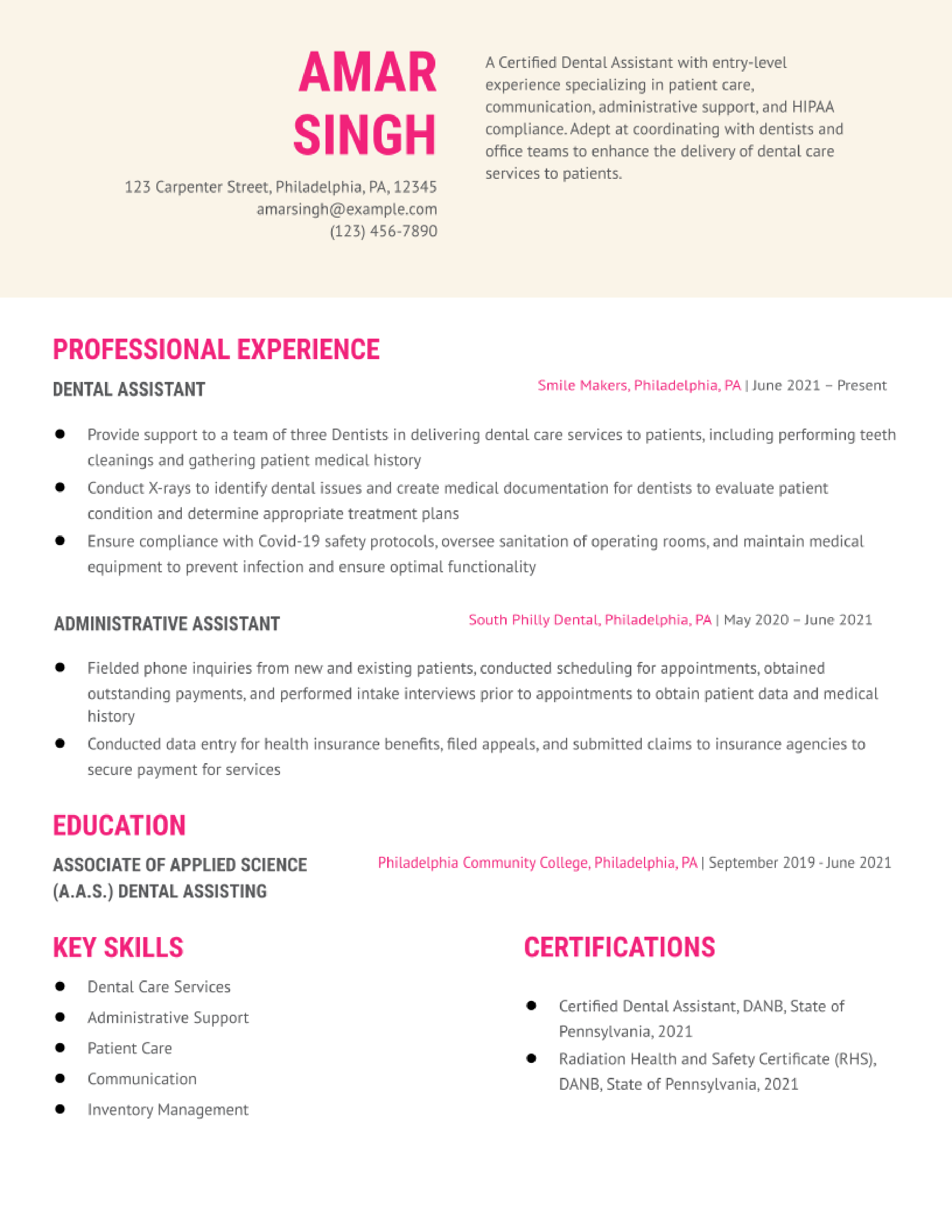dental assistant resume examples with no experience