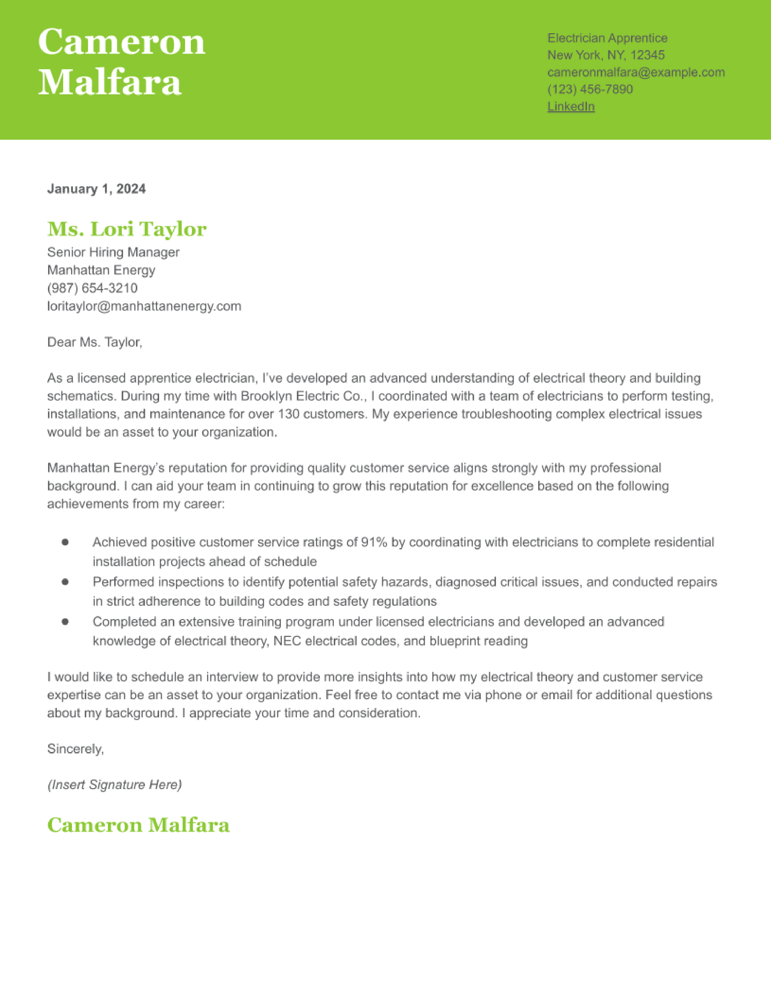 Electrician Apprentice Cover Letter Examples and Templates for 2024