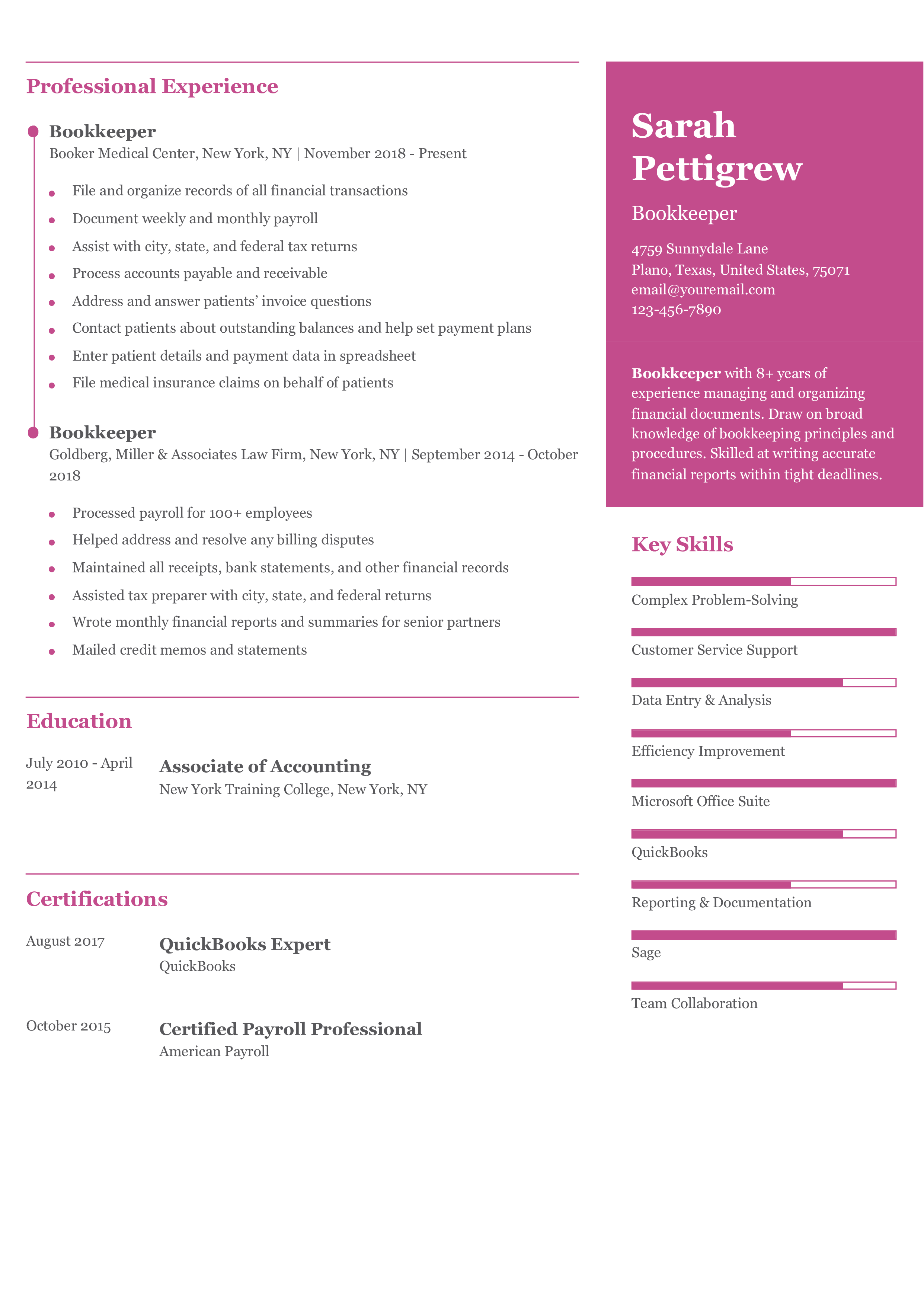 Bookkeeper Resume Examples and Templates for 2024 - ResumeBuilder.com