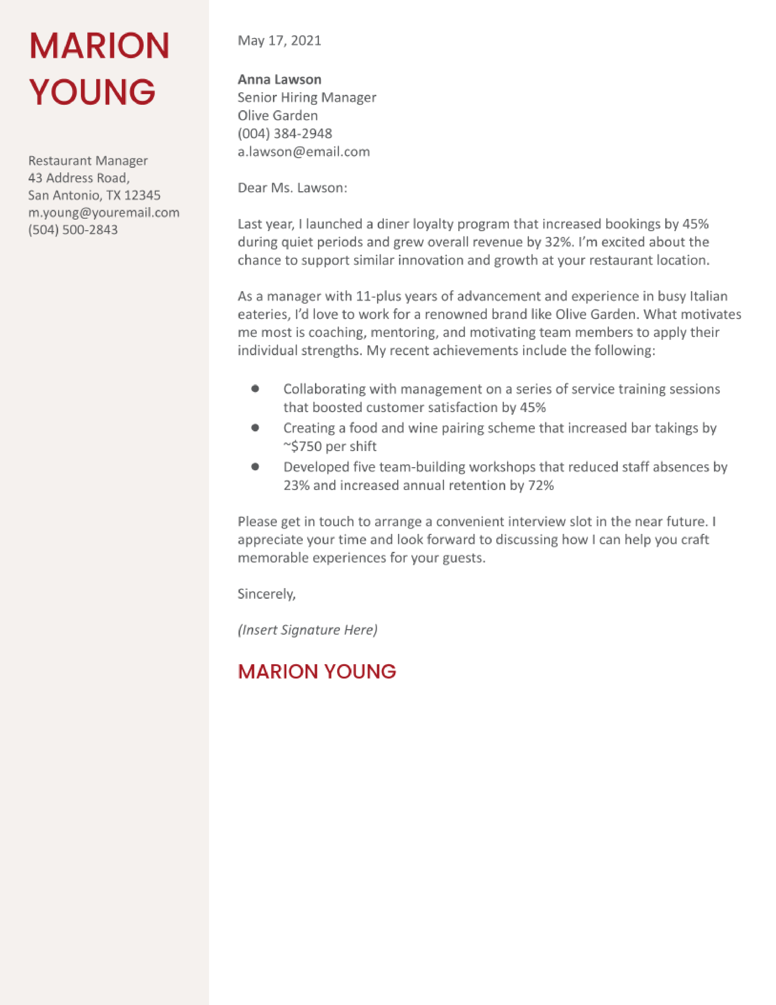 Food Service Cover Letter Examples and Templates for 2024