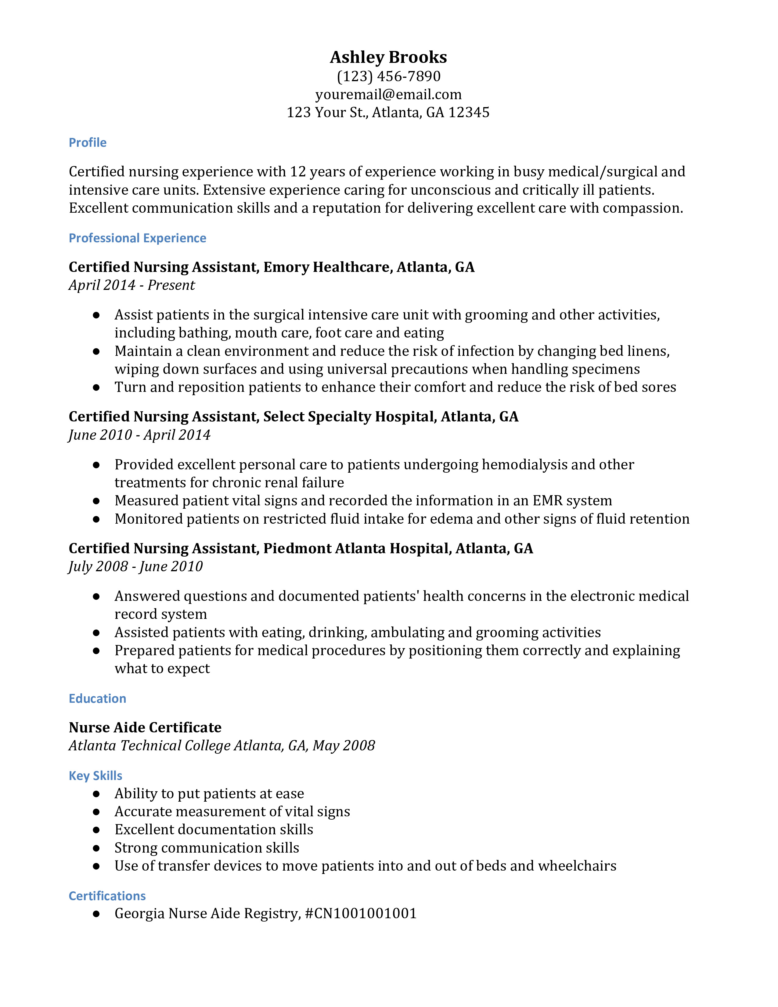 Certified Nursing Assistant Resume Examples Resumebuilder Com