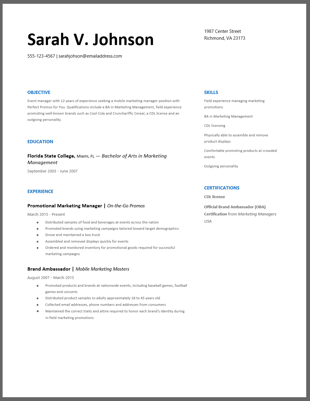 resume description sample