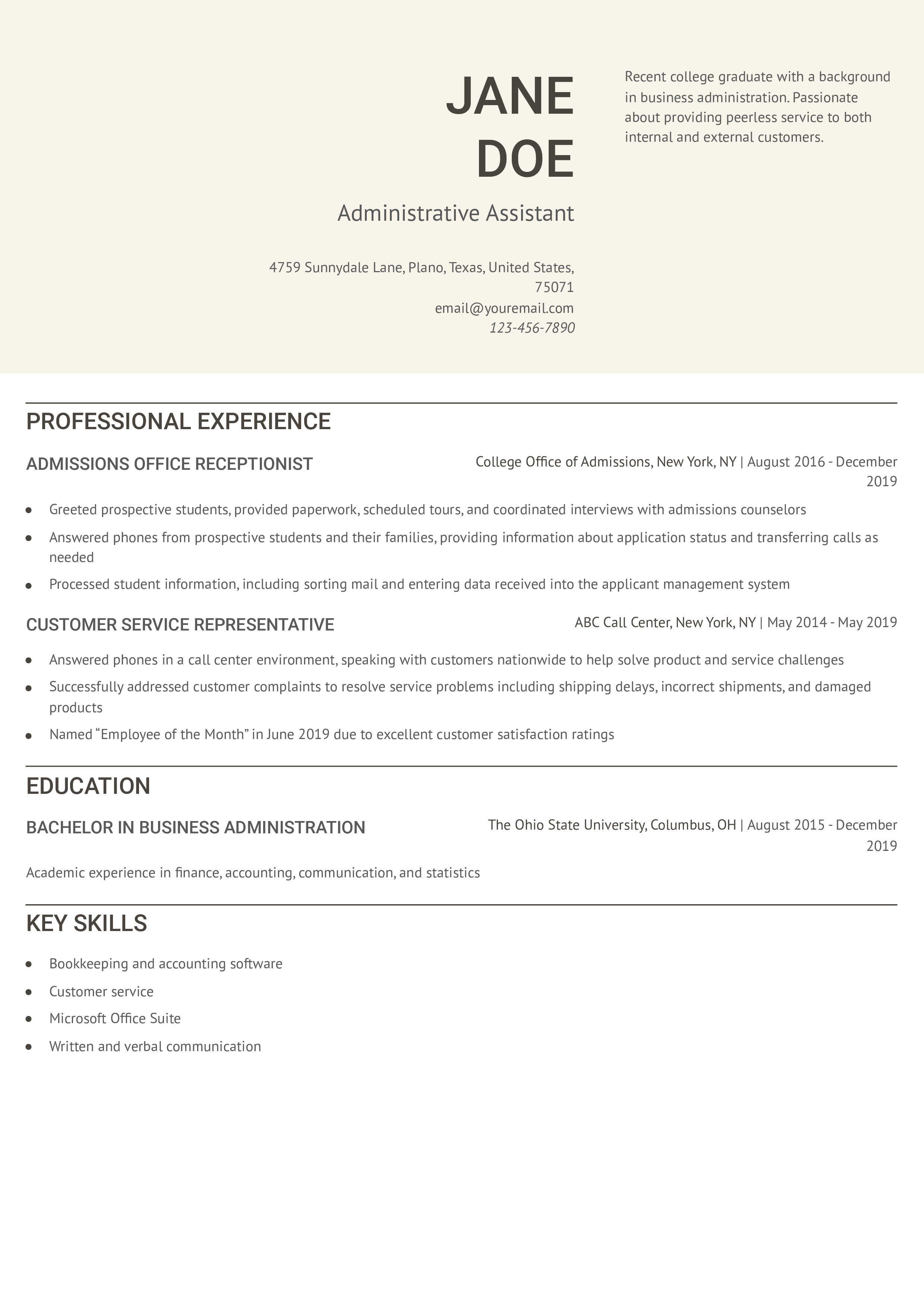 Administrative Assistant - Entry-Level Resume Example