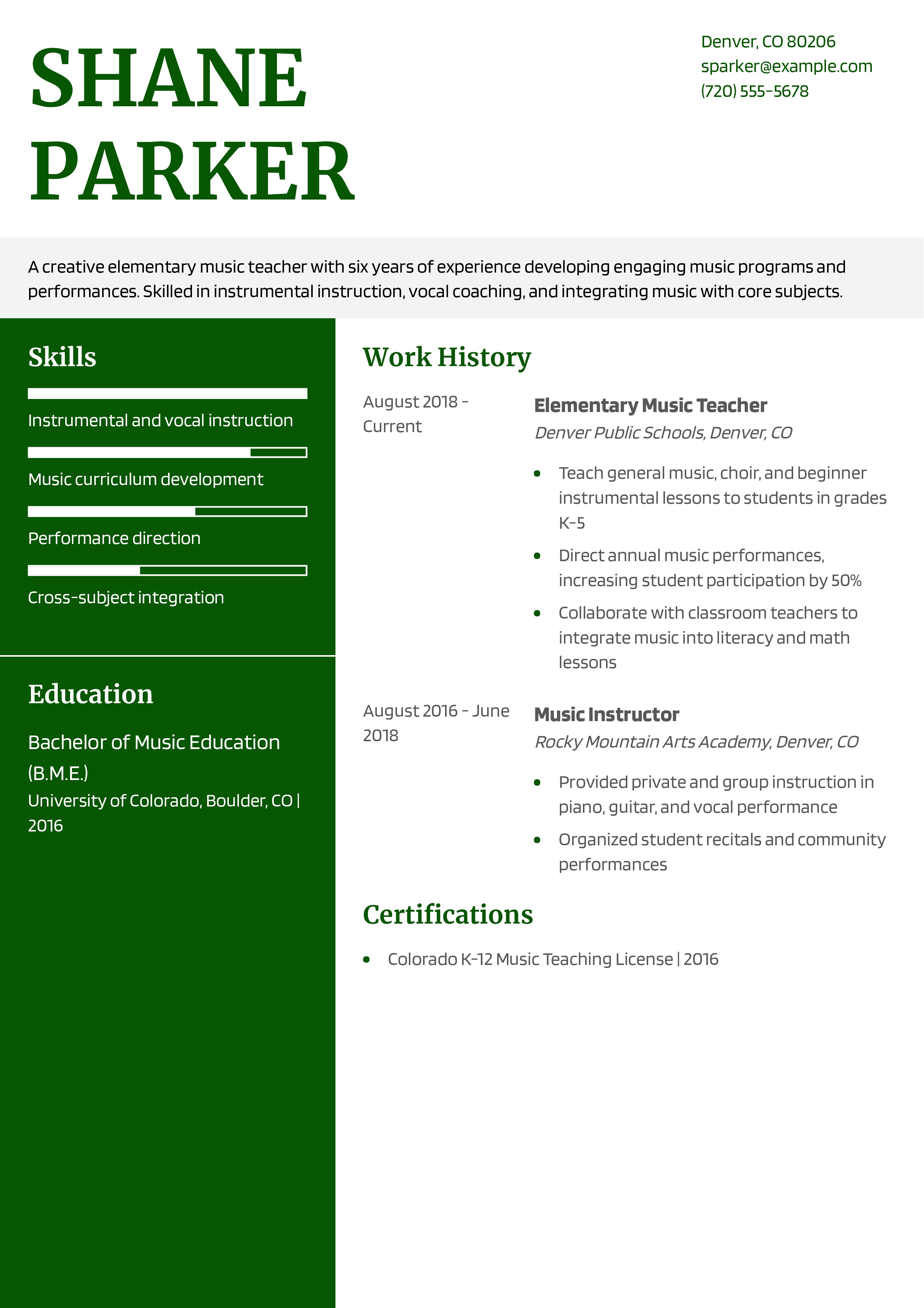 Elementary Music Teacher Resume