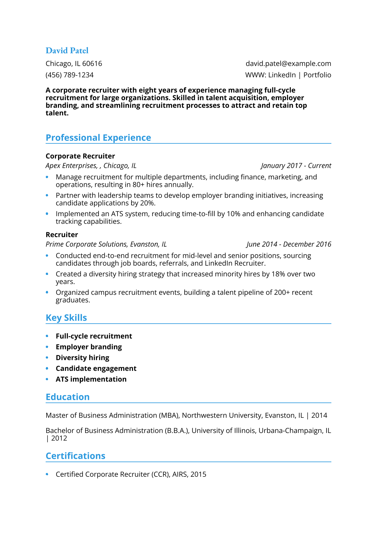 Corporate Recruiter Resume Example
