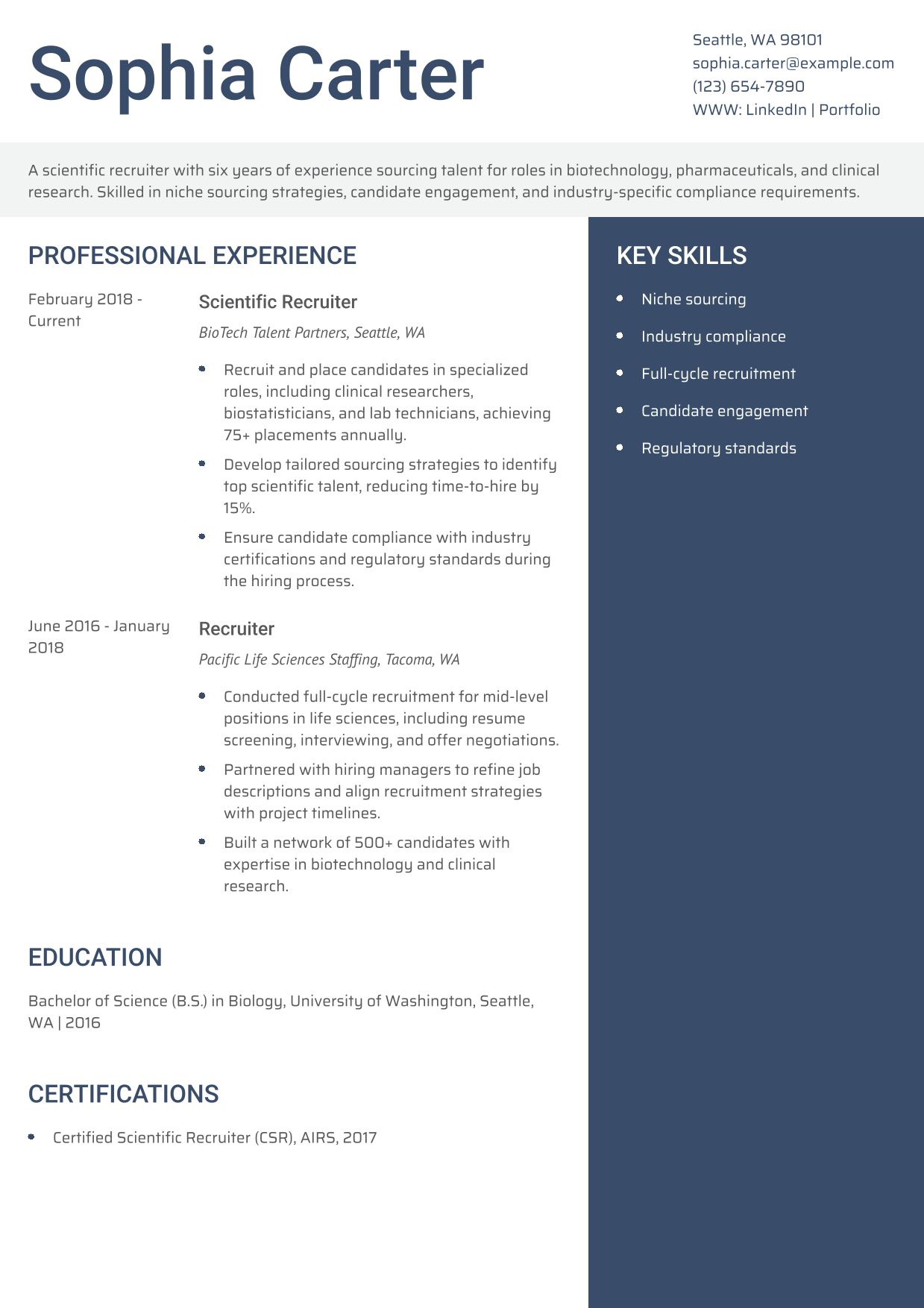 Scientific Recruiter Resume Example