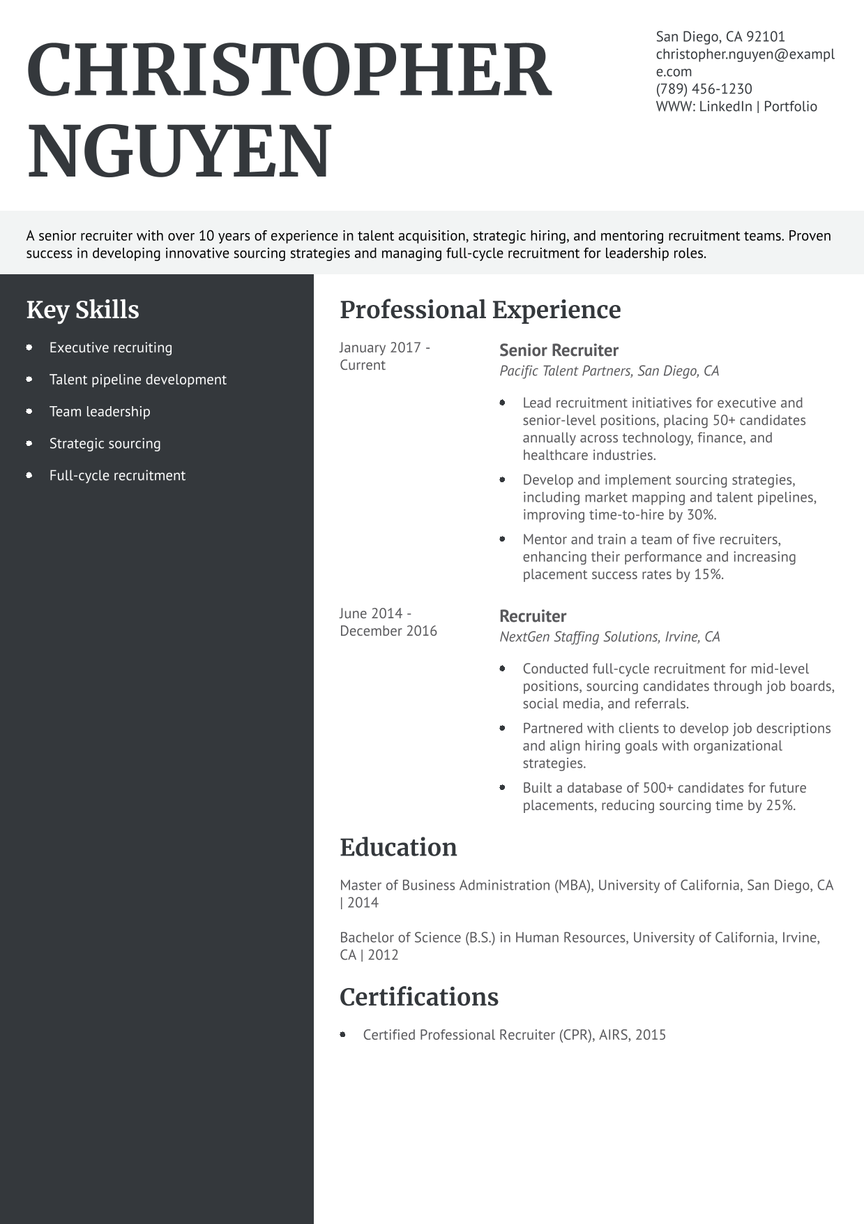 Senior Recruiter Resume Example