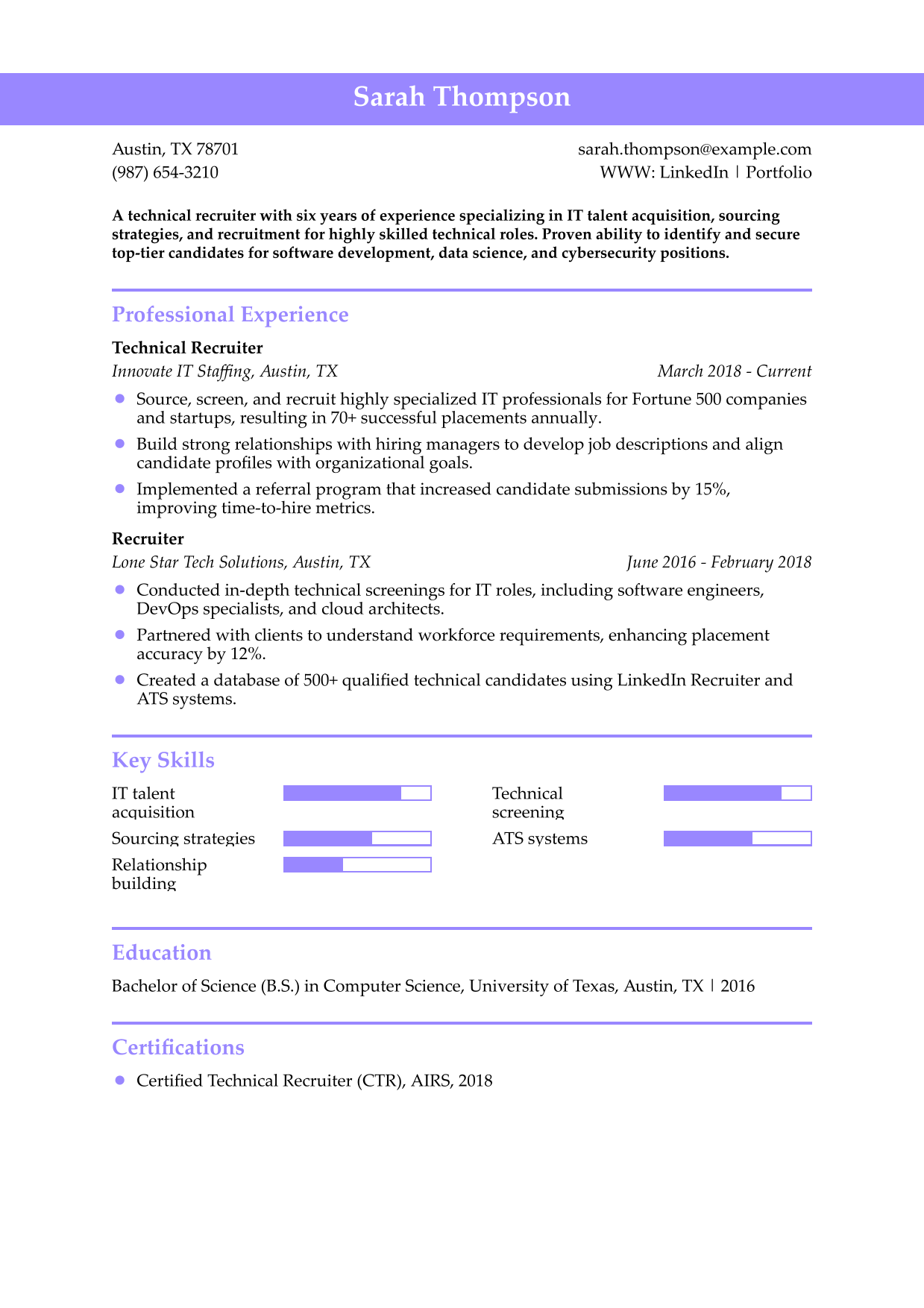Technical Recruiter Resume Example