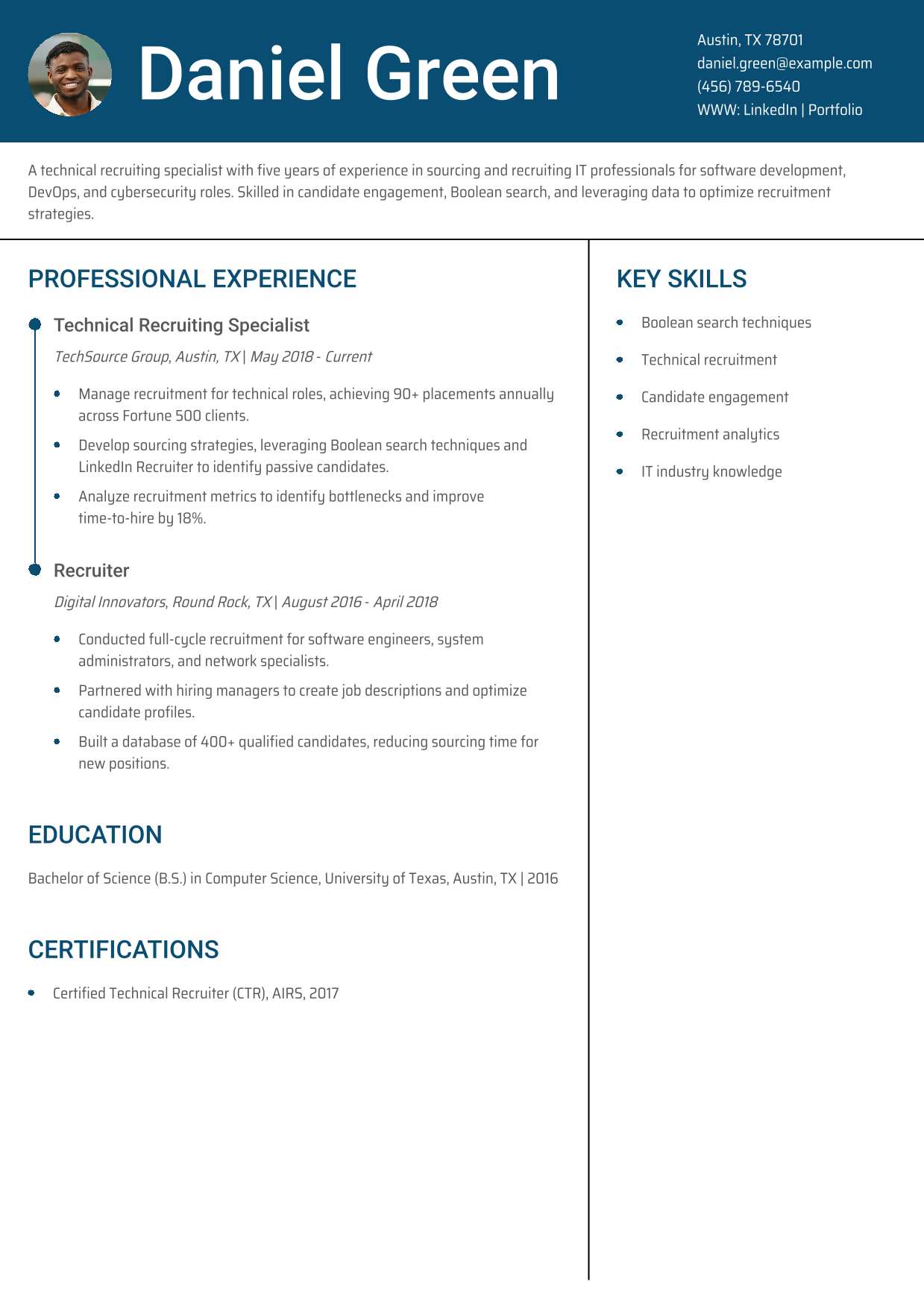Technical Recruiting Specialist Resume Example