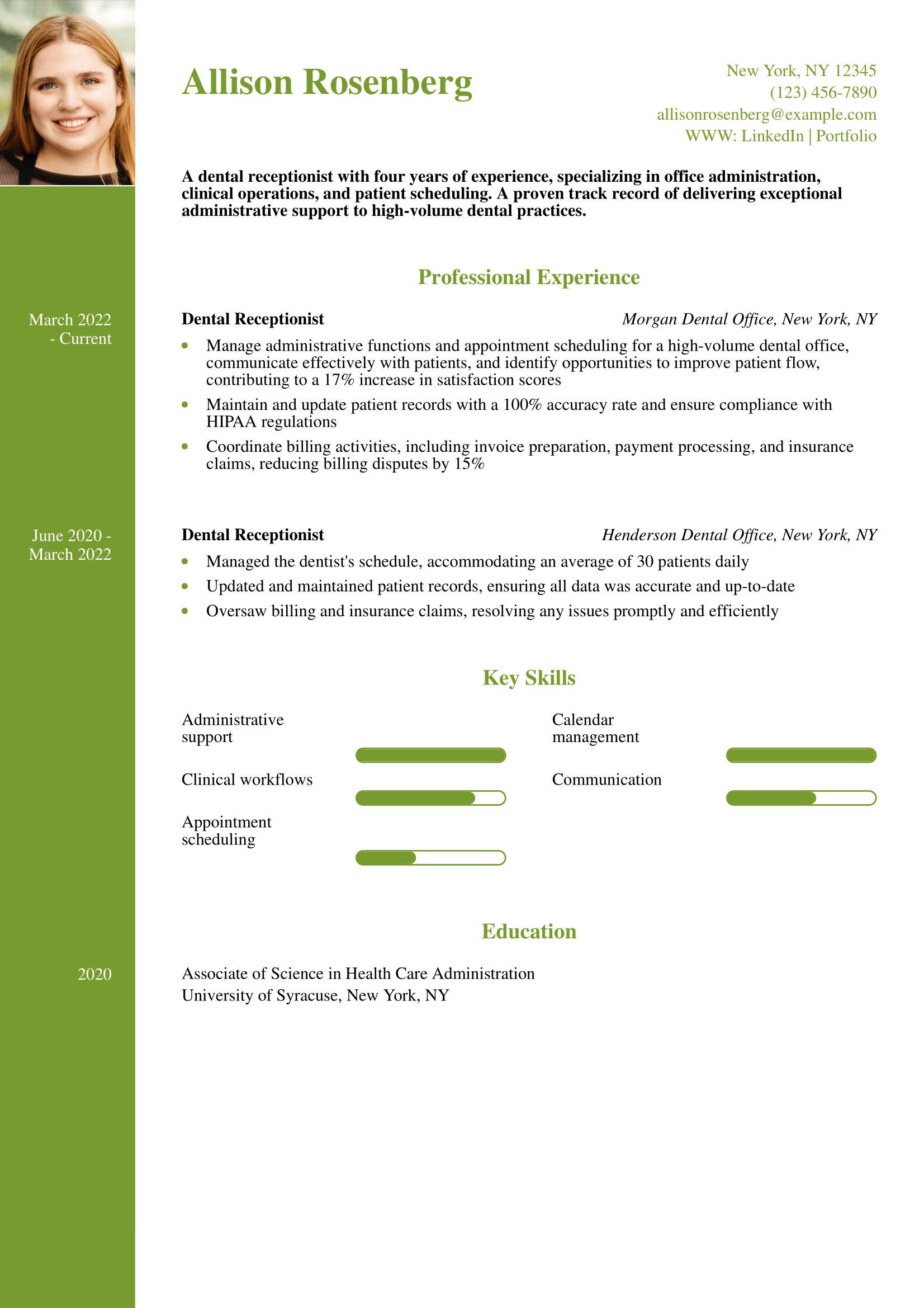 Dental Receptionist Resume Example