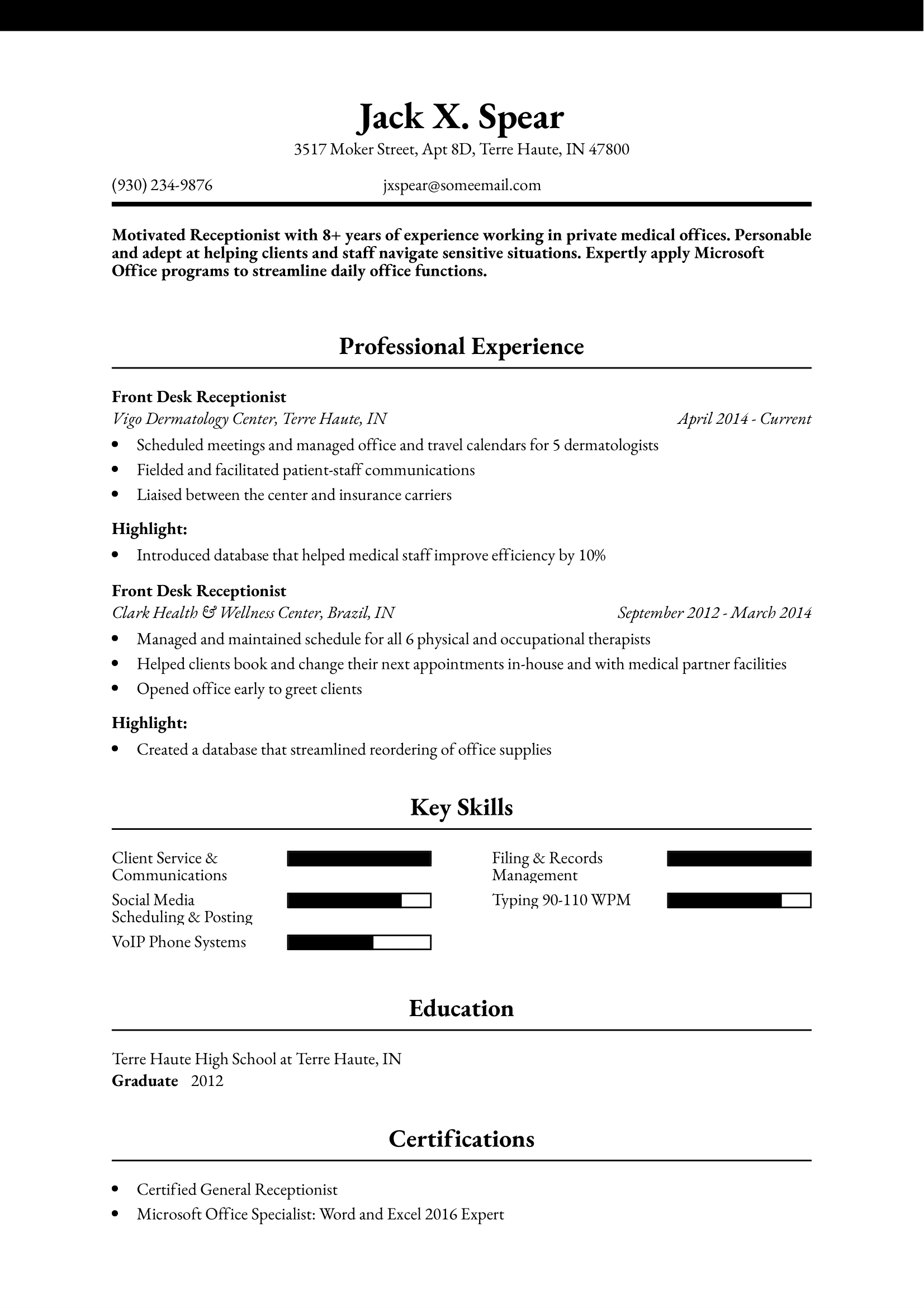 Front Desk Receptionist Resume