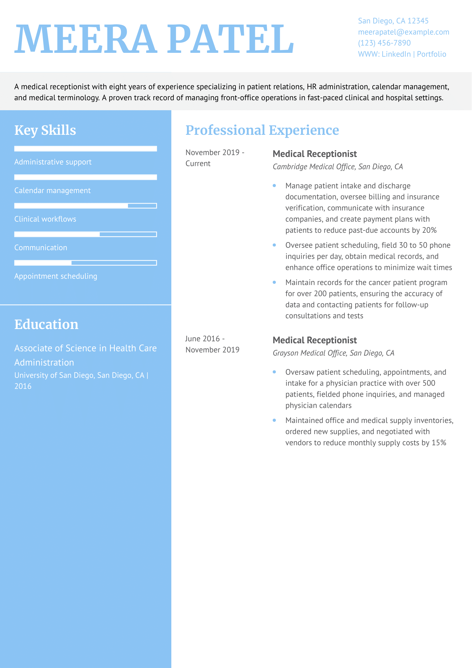 Health Care Receptionist Resume Example