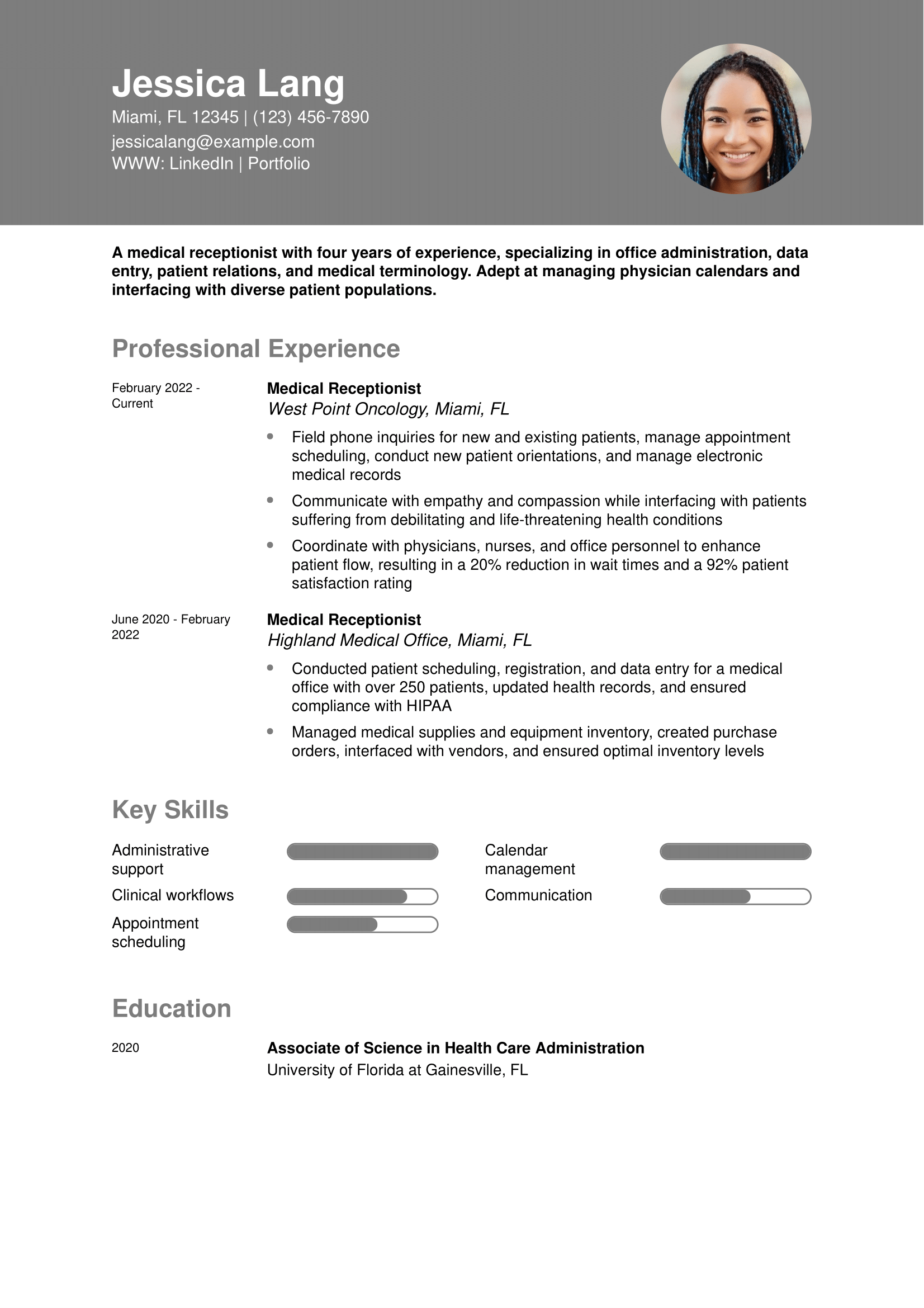 Medical Receptionist Resume Example