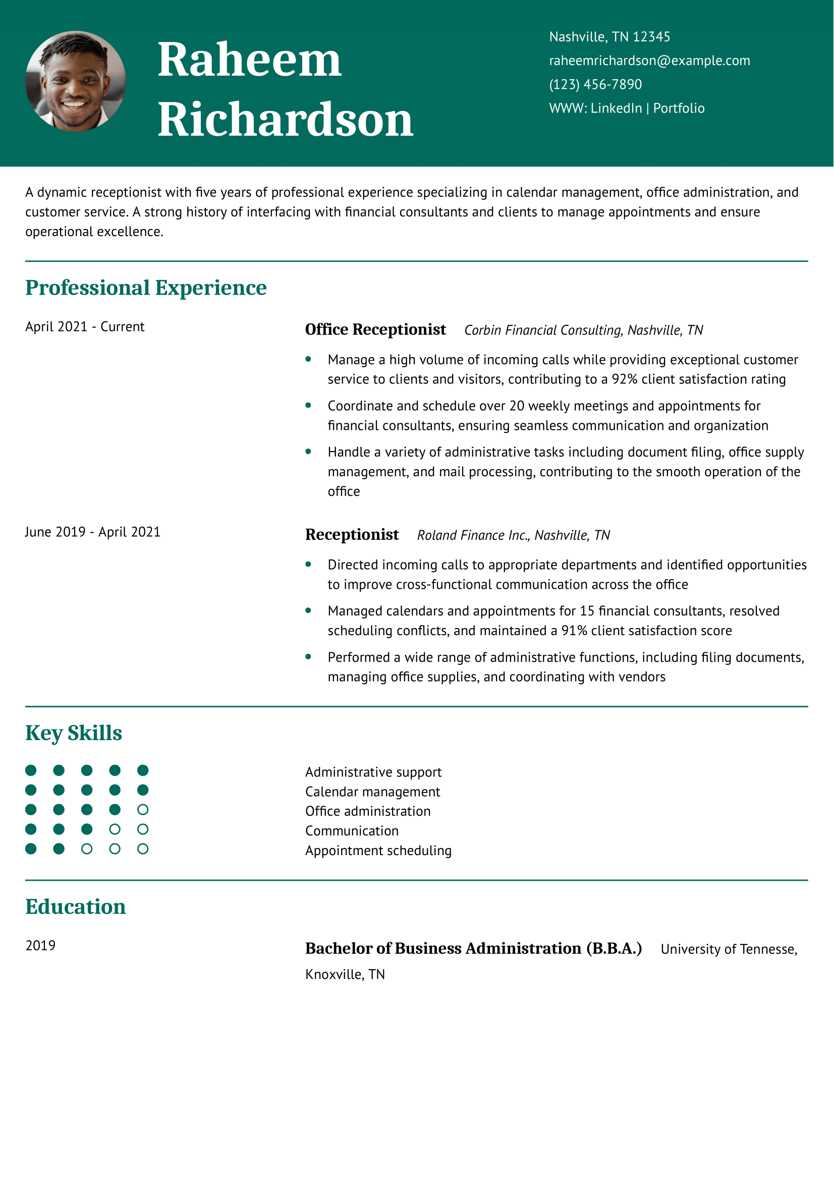 Receptionist Resume Example