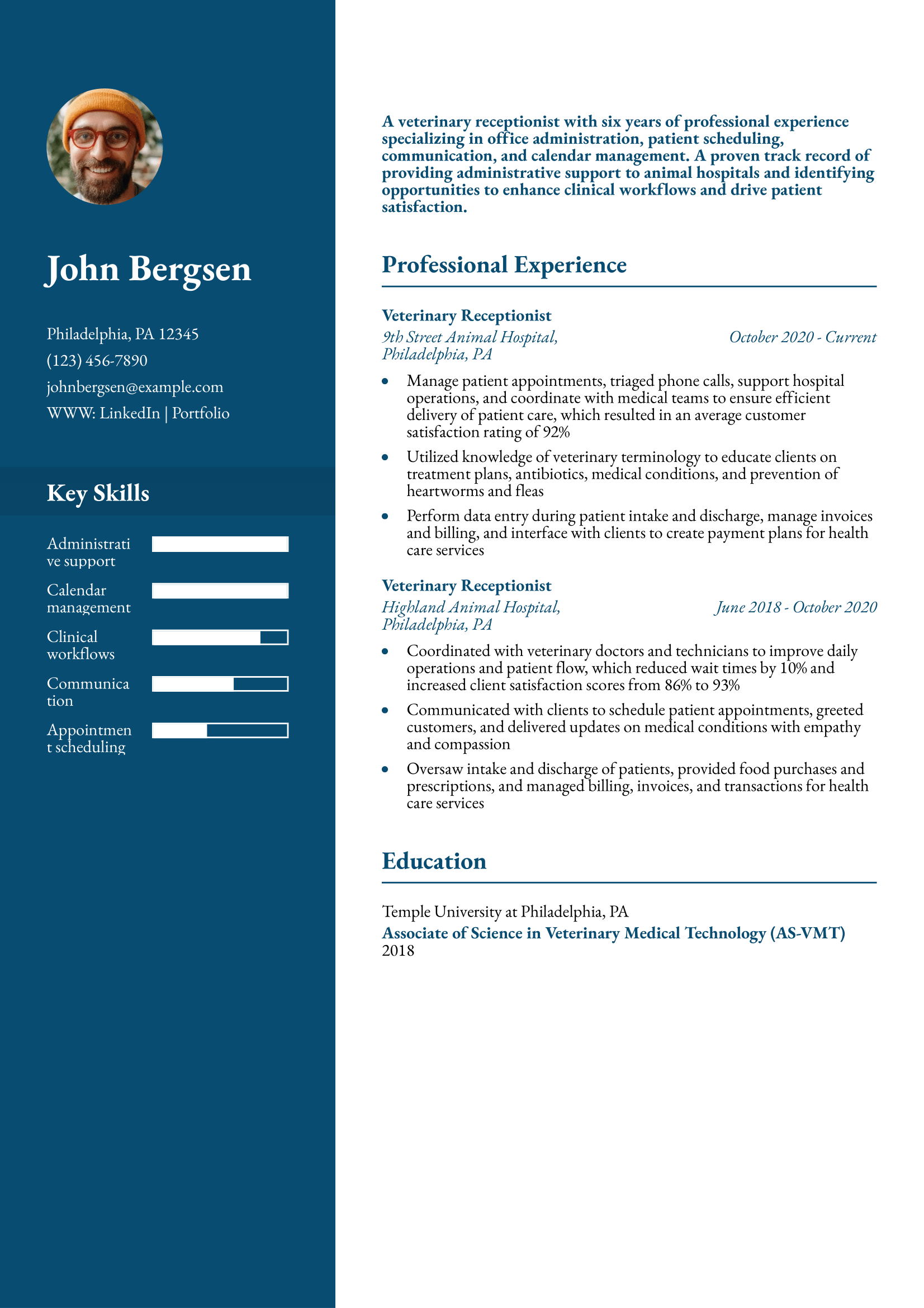 Veterinary Receptionist Resume Example