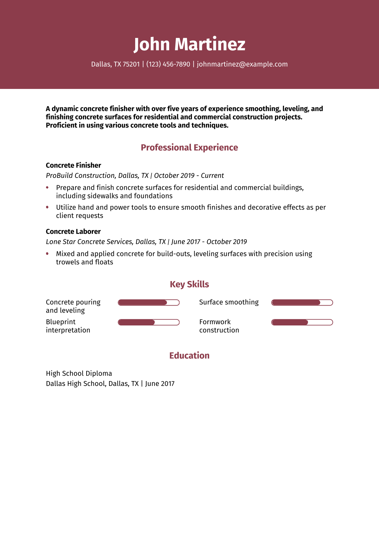 Concrete Finisher Resume Example