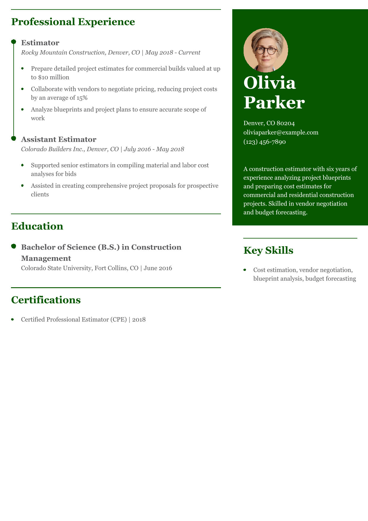 Construction Estimator Resume Example